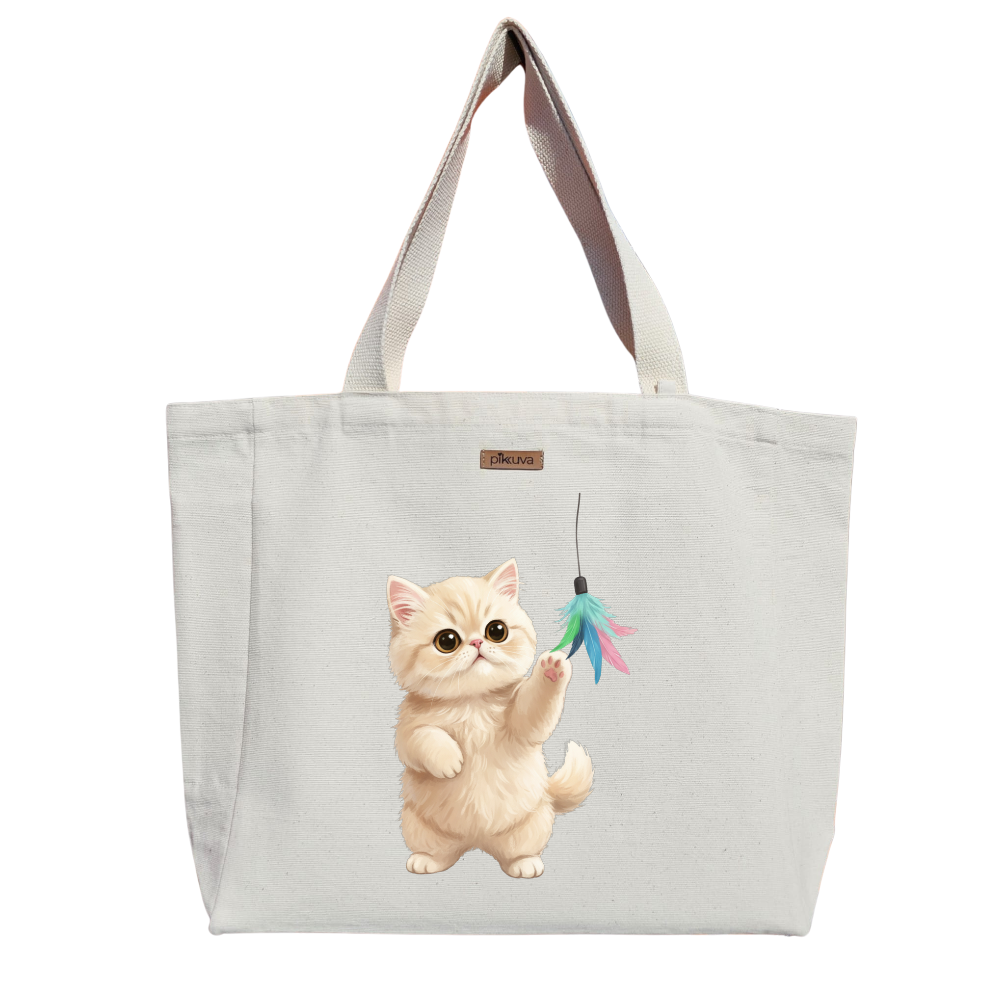 Natural Canvas Tote Bag, Natural Handle, White Velcro, Water Bottle Holder — 20x24