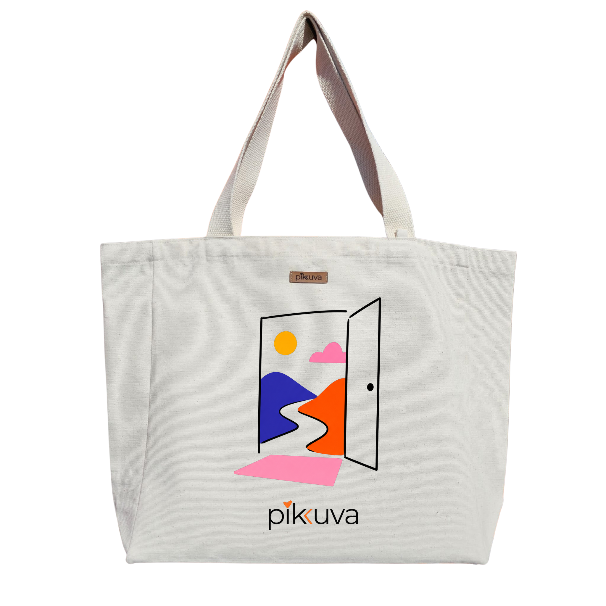 Natural Canvas Tote Bag, Natural Handle, White Velcro, Water Bottle Holder — 20x24