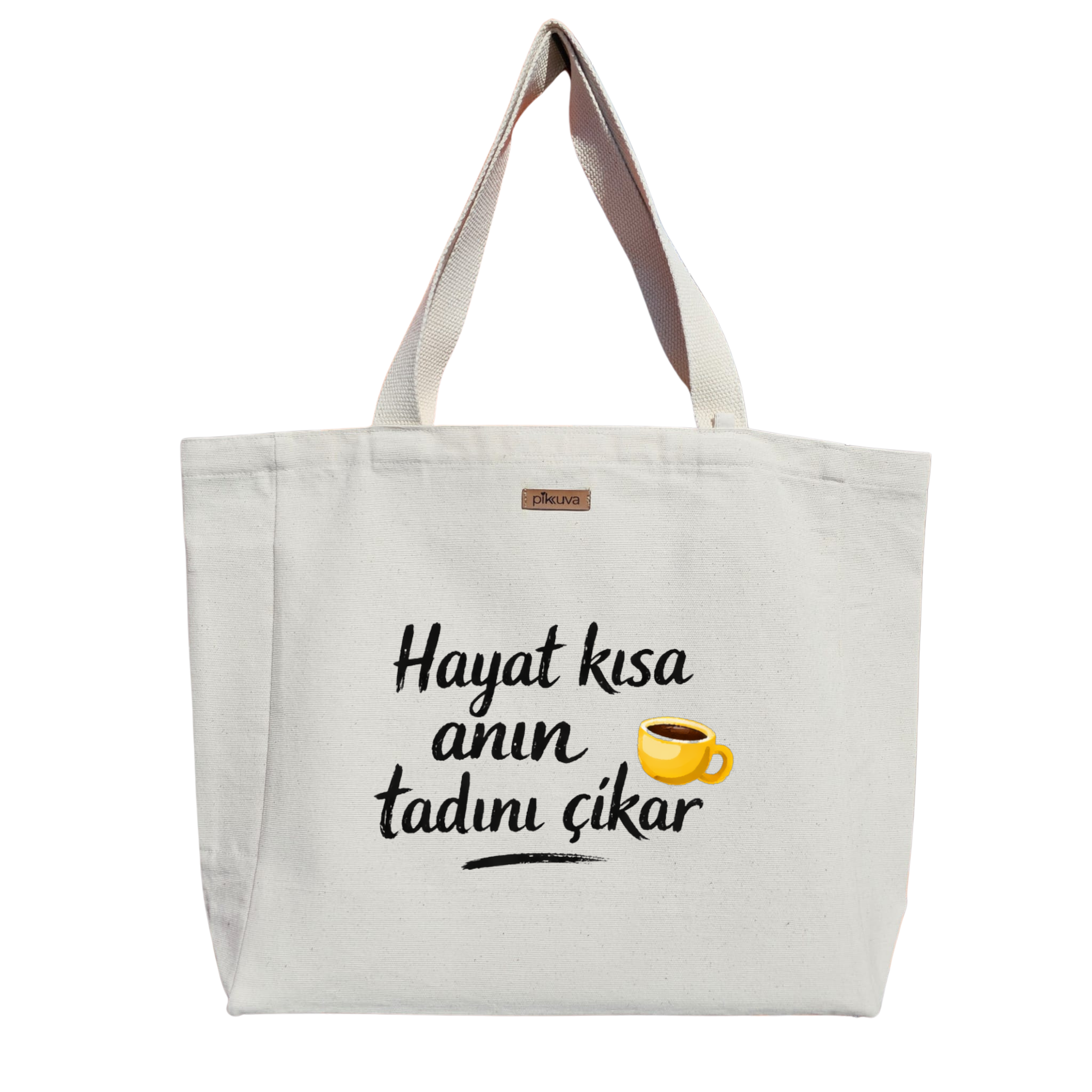 Kahve ile Anların Tadını Çıkar Baskılı Naturel Kanvas Bez Çanta Sap Beyaz Cırt Cırtlı Suluk Tutuculu