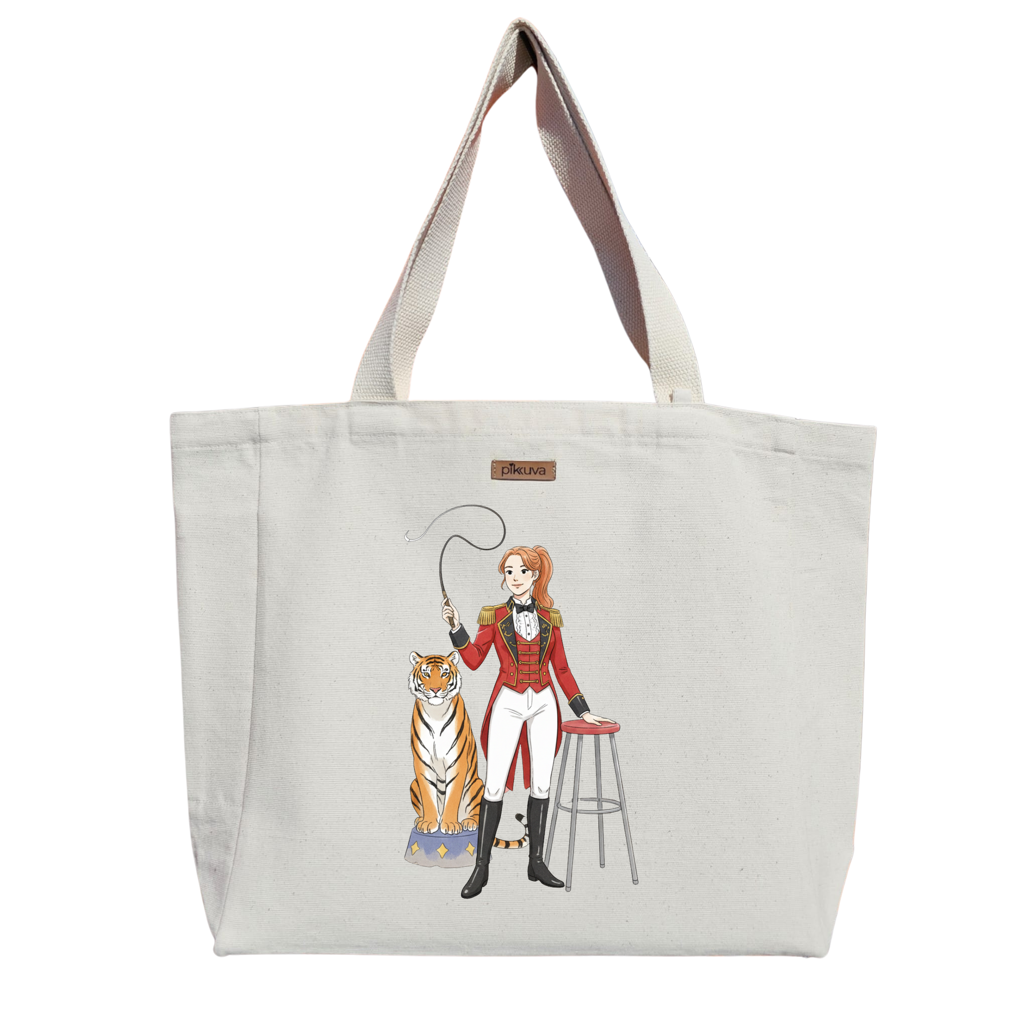 Natural Canvas Tote Bag, Natural Handle, White Velcro, Water Bottle Holder — 20x24
