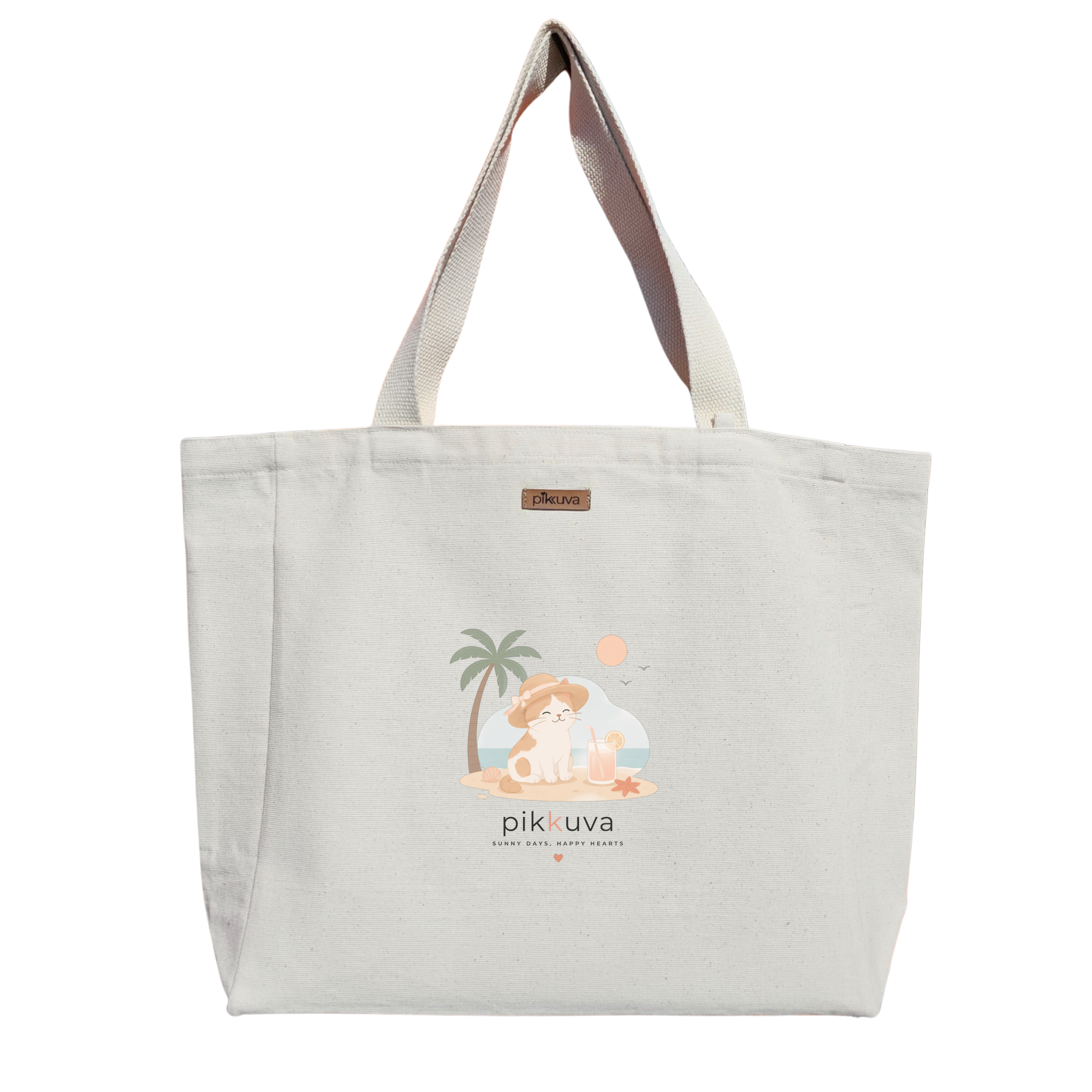 Natural Canvas Tote Bag, Natural Handle, White Velcro, Water Bottle Holder — 12x20