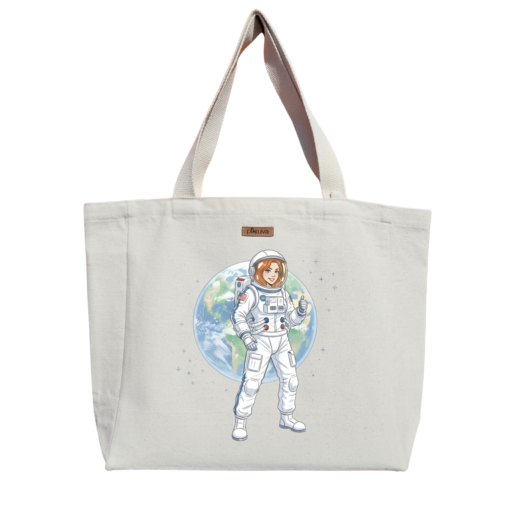 Uzayda Gülümseyen Astronot Smiling Astronaut Baskılı Naturel Kanvas Bez Çanta Sap Beyaz Cırt Cırtlı Suluk Tutuculu — 20x24