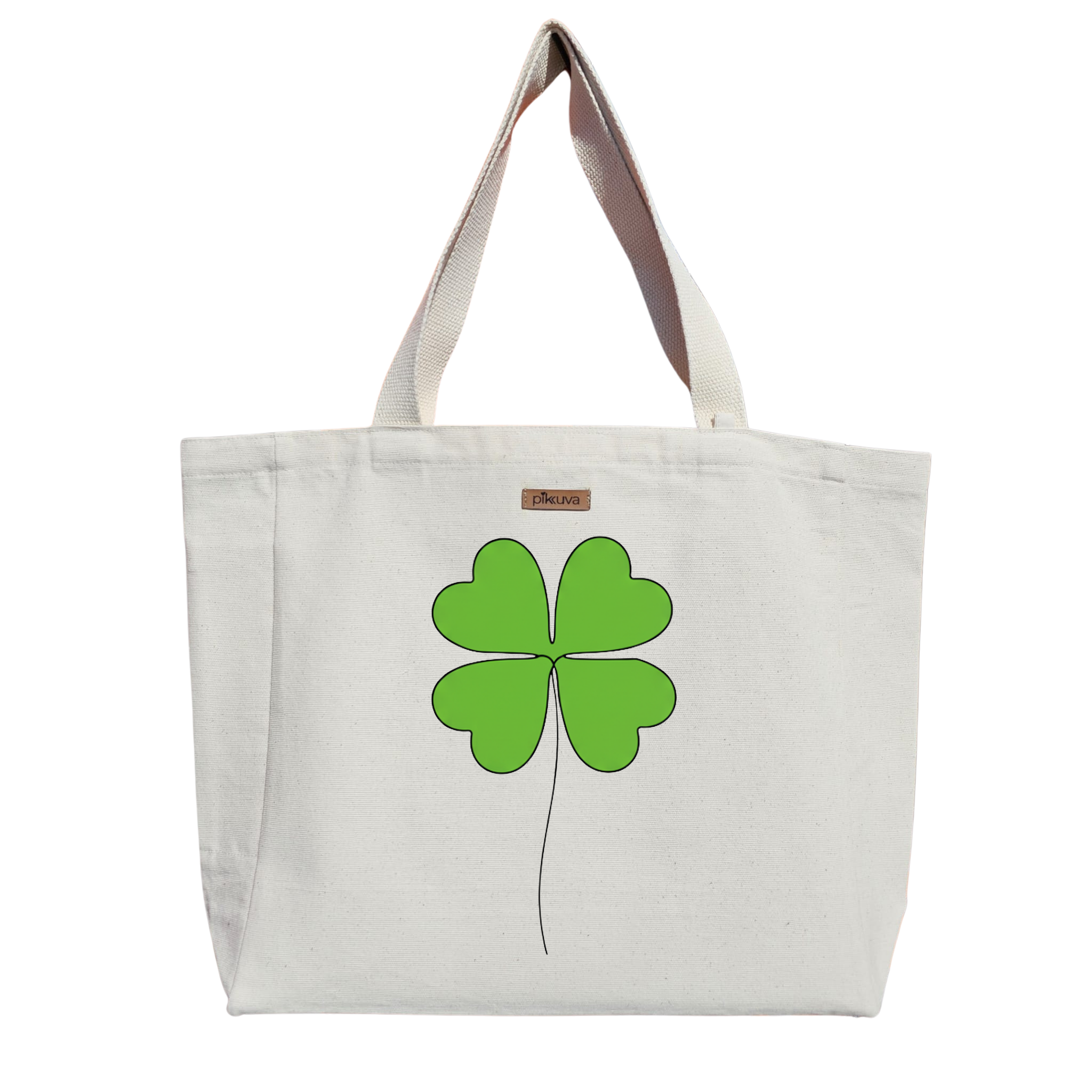 Dört Yapraklı Yonca Tasarımı Four leaf clover Baskılı Naturel Kanvas Bez Çanta Sap Beyaz Cırt Cırtlı Suluk Tutuculu — 20x24