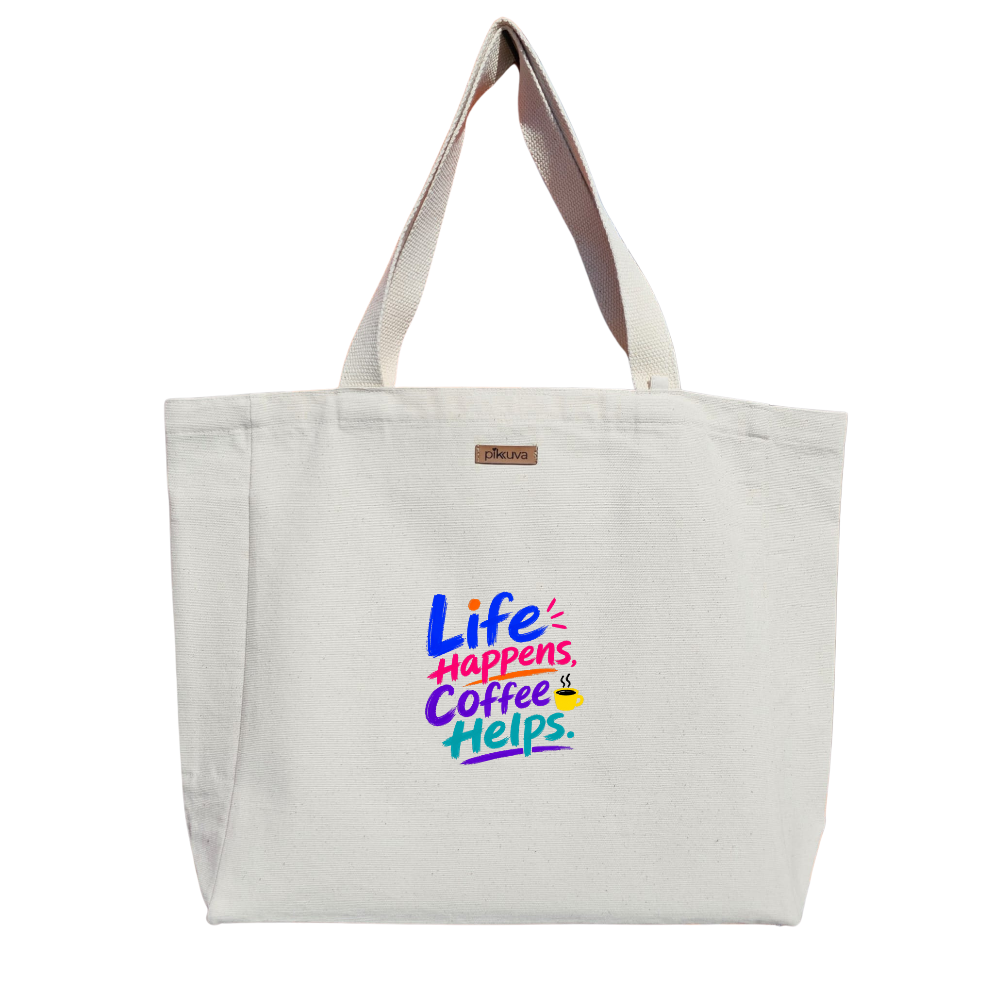 Natural Canvas Tote Bag, Natural Handle, White Velcro, Water Bottle Holder
