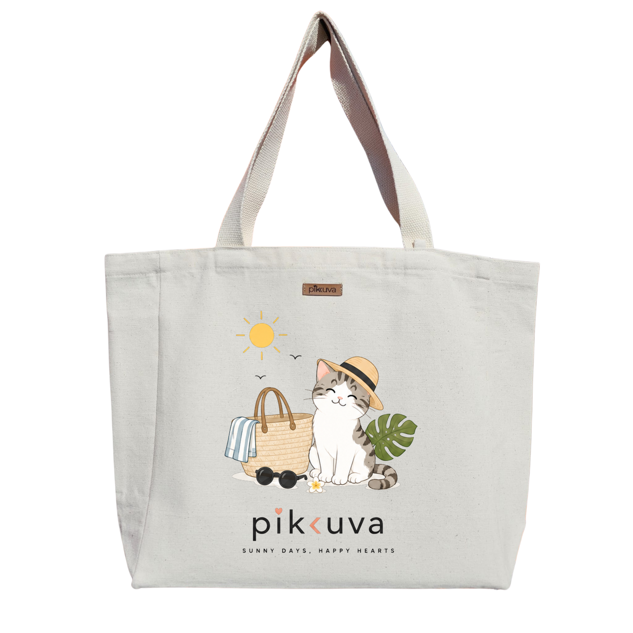 Yaz Güneşi ve Mutlu Kedim Sunny Days Baskılıı Naturel Kanvas Bez Çanta Sap Beyaz Cırt Cırtlı Suluk Tutuculu — 20x24