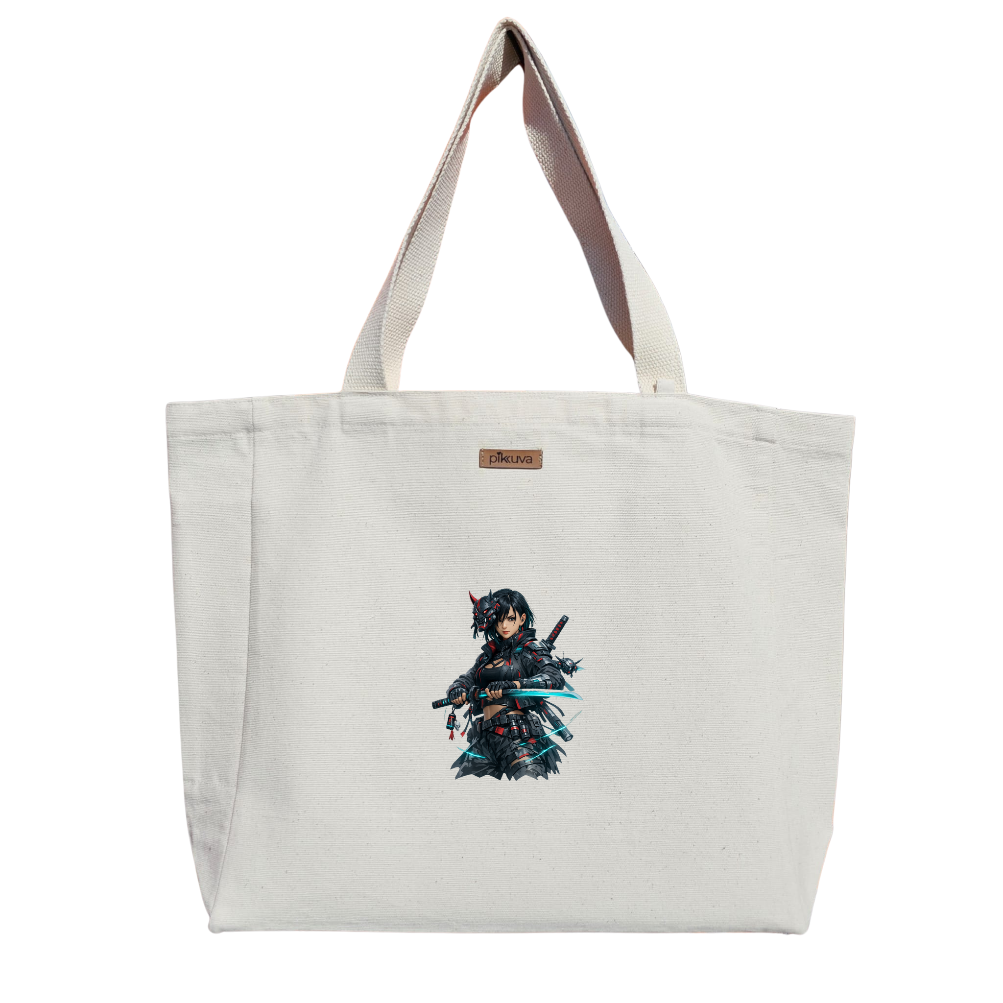 Natural Canvas Tote Bag, Natural Handle, White Velcro, Water Bottle Holder