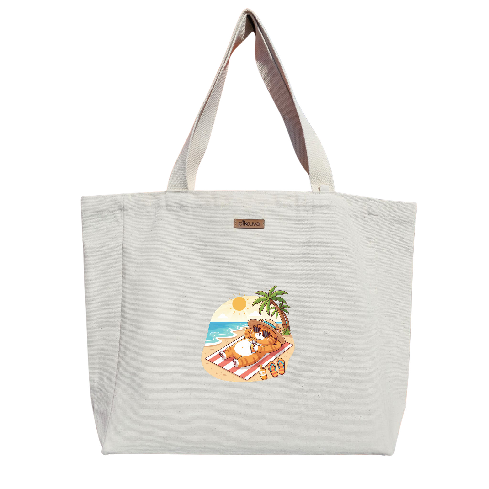 Natural Canvas Tote Bag, Natural Handle, White Velcro, Water Bottle Holder — 12x20