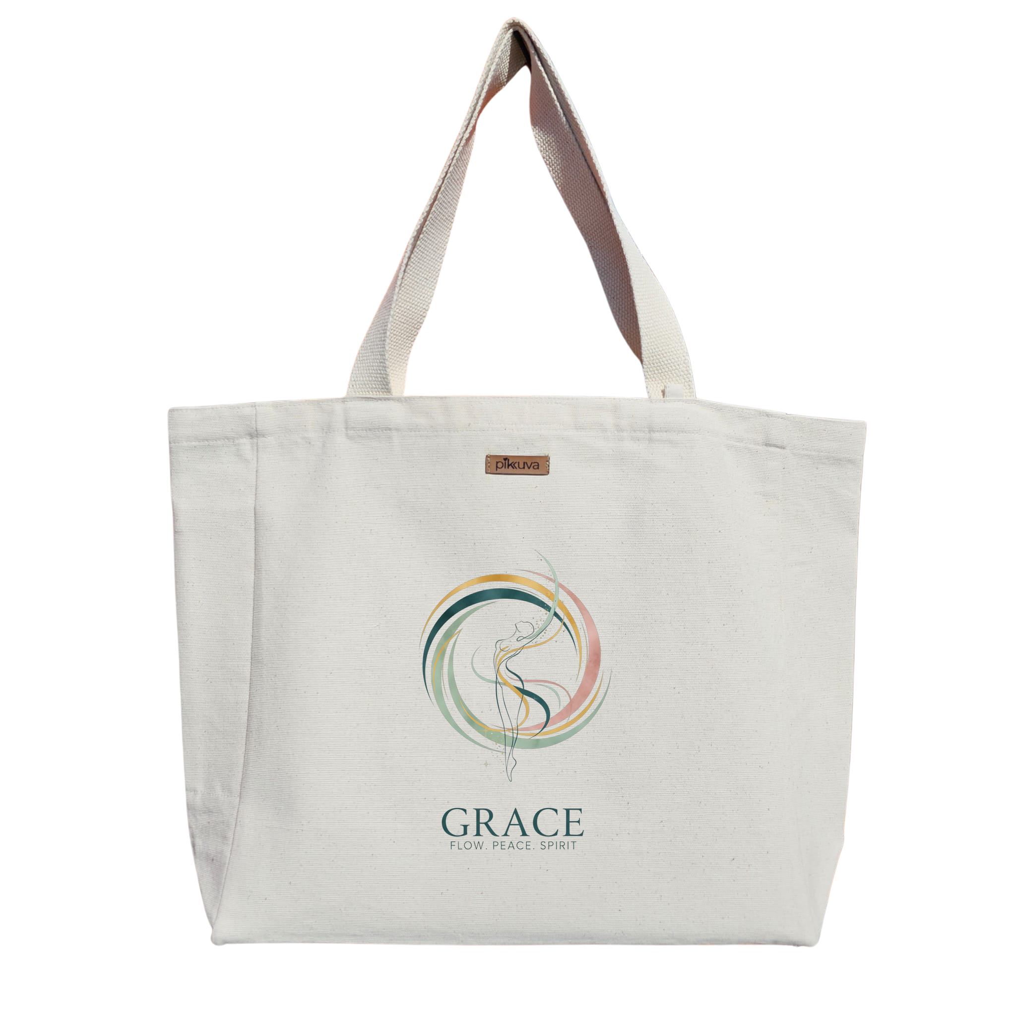 Natural Canvas Tote Bag, Natural Handle, White Velcro, Water Bottle Holder — 12x20