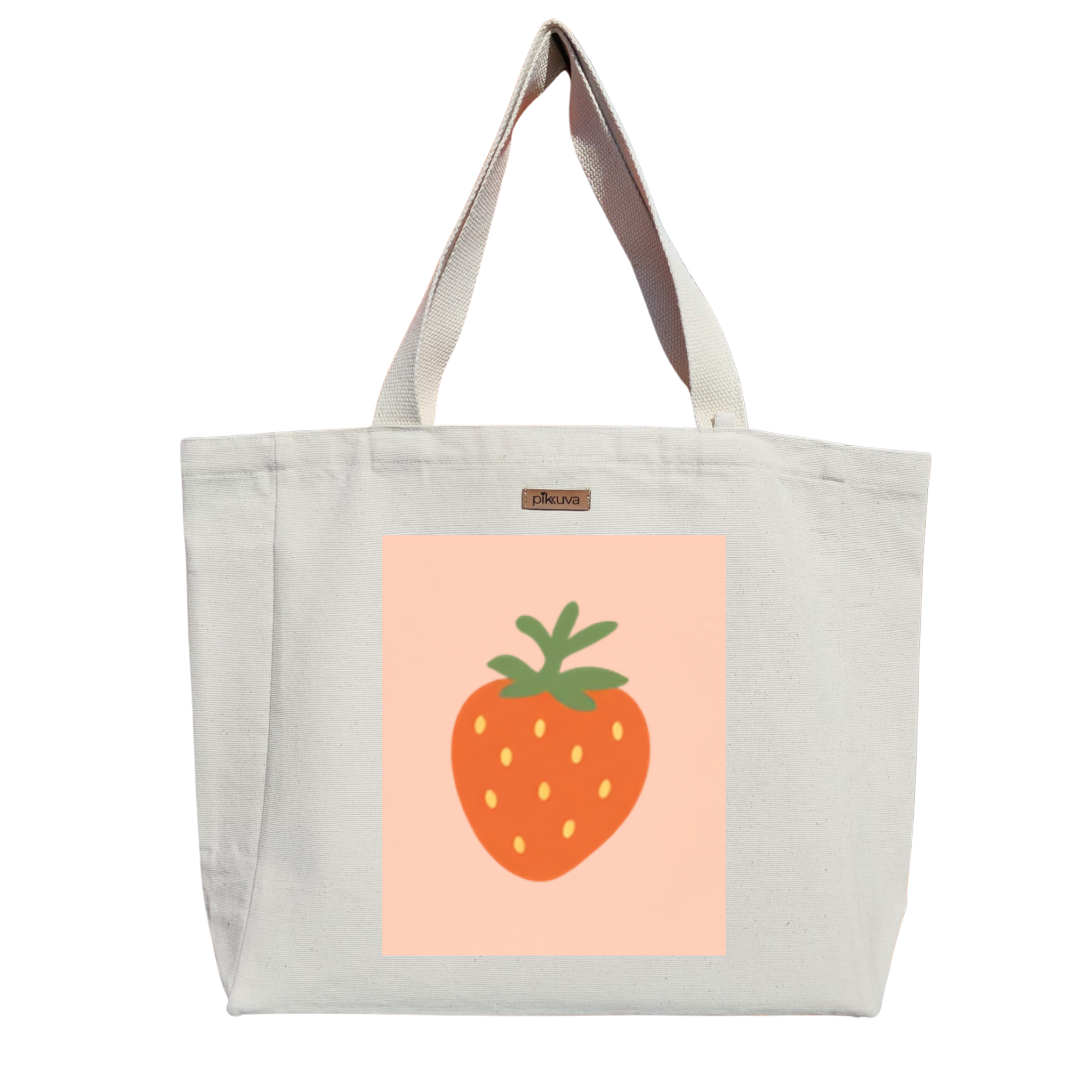 Turuncu Çilek Logo Minimalist Stil Orange Strawberry Style Baskılıı Naturel Kanvas Bez Çanta Sap Beyaz Cırt Cırtlı Suluk Tutuculu — 20x24