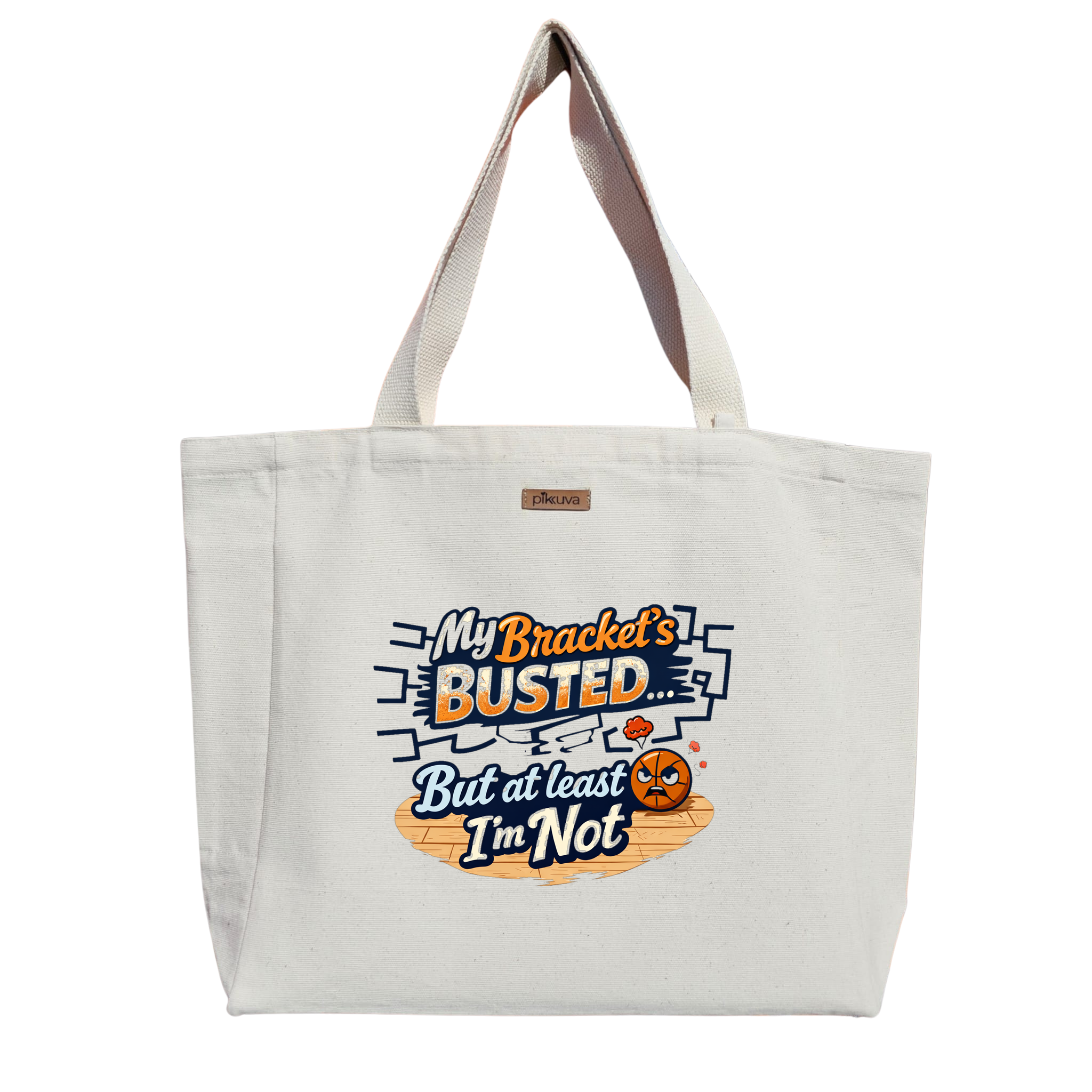 Turuncu Basketbol Figürü ile Eğlenceli Logo Temalı Modern ve Bracket'im BUSTED Baskılı Naturel Kanvas Bez Çanta Sap Beyaz Cırt Cırtlı Suluk Tutuculu