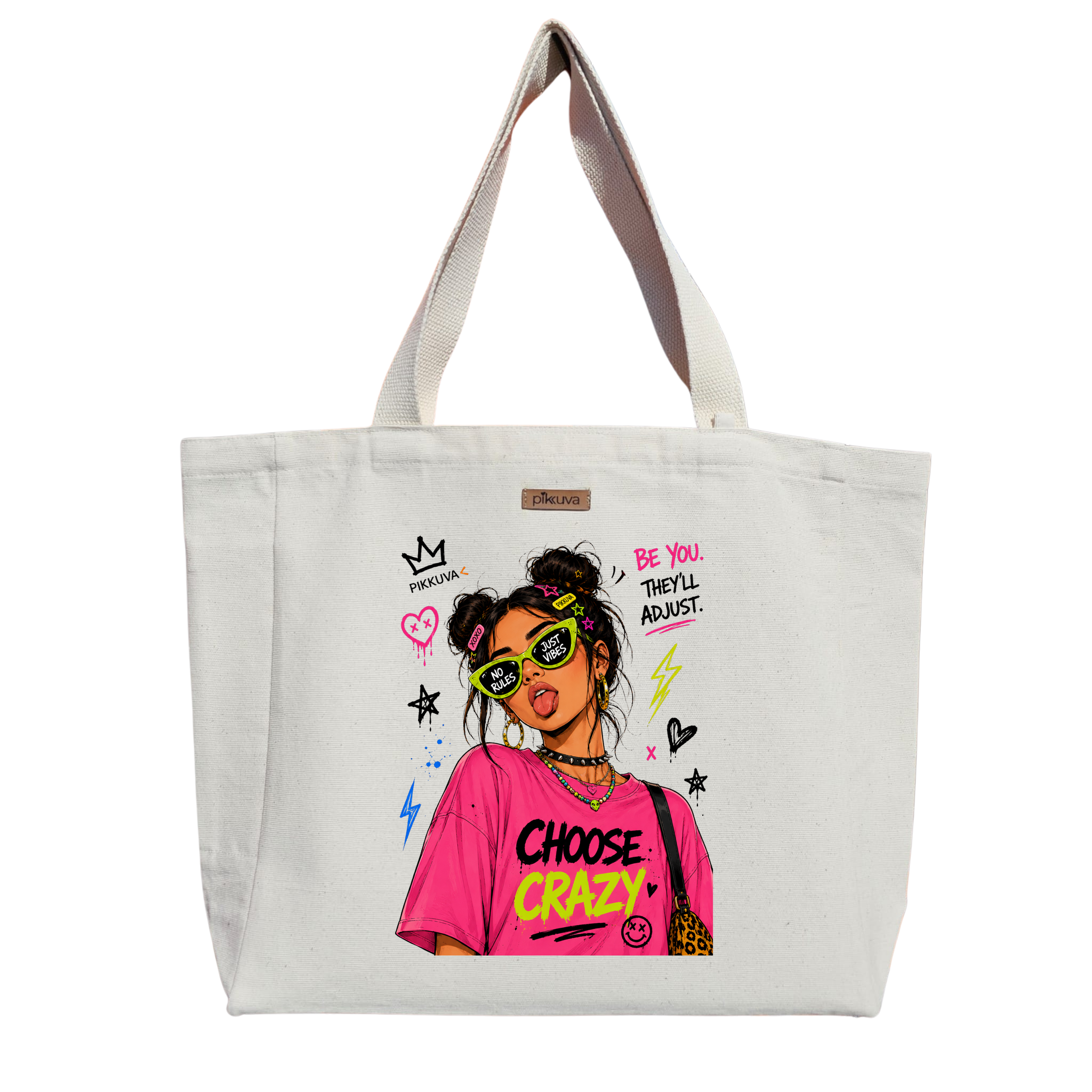 Natural Canvas Tote Bag, Natural Handle, White Velcro, Water Bottle Holder — 20x24