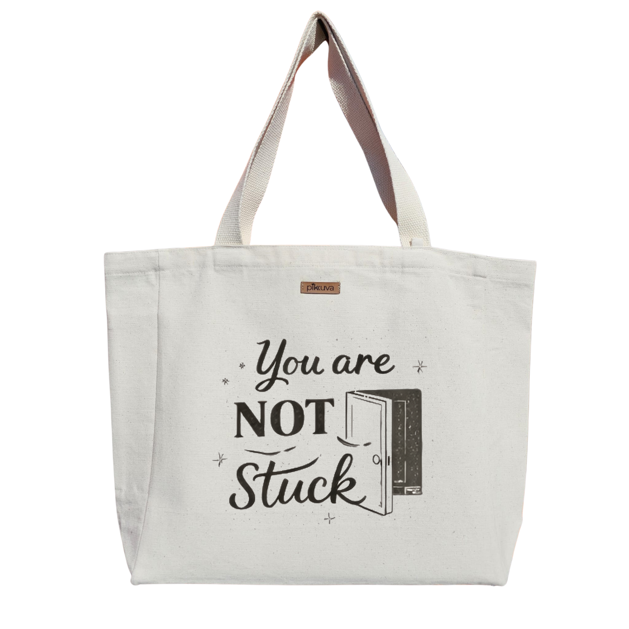 Natural Canvas Tote Bag, Natural Handle, White Velcro, Water Bottle Holder — 24x20