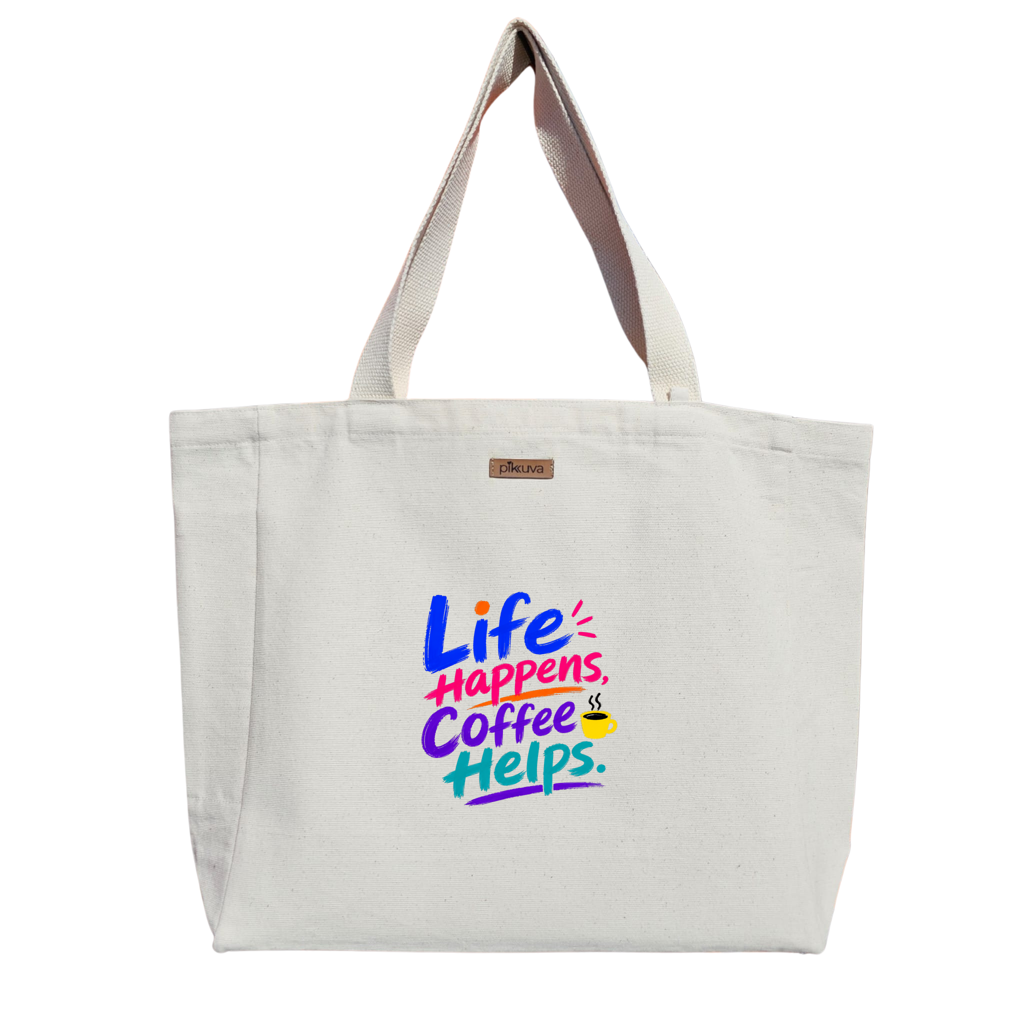 Natural Canvas Tote Bag, Natural Handle, White Velcro, Water Bottle Holder — 12x20