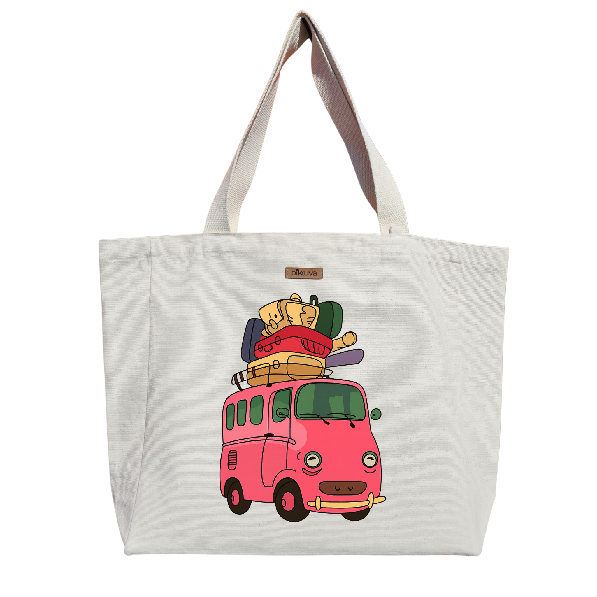 Natural Canvas Tote Bag, Natural Handle, White Velcro, Water Bottle Holder — 20x24