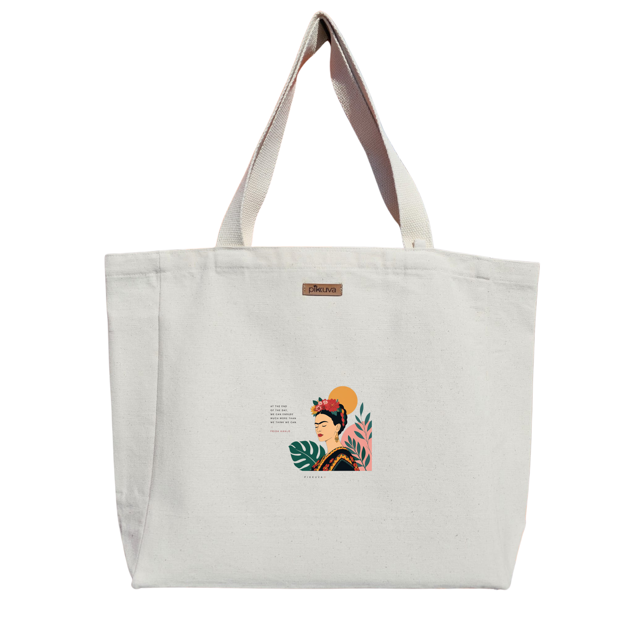 Natural Canvas Tote Bag, Natural Handle, White Velcro, Water Bottle Holder