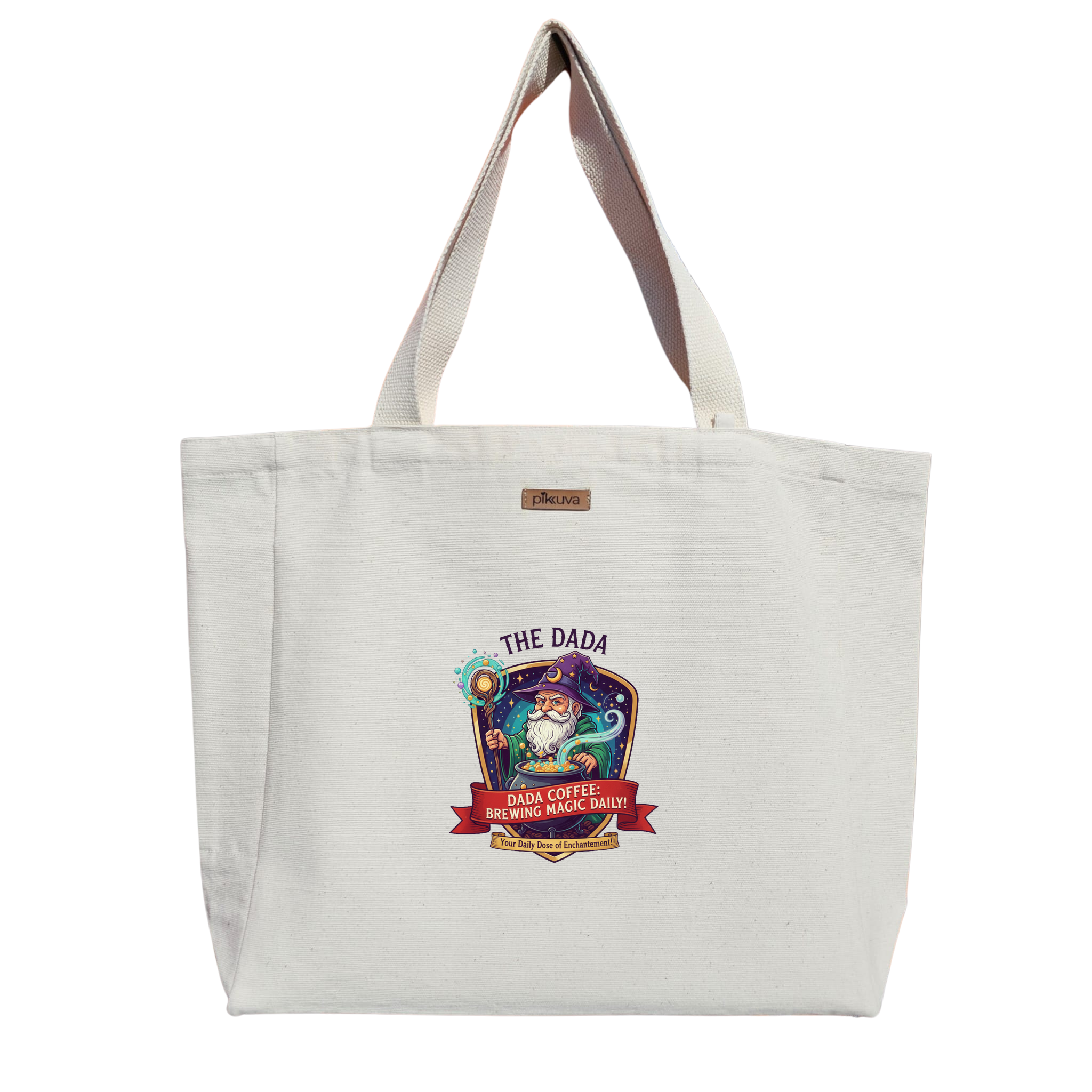 Natural Canvas Tote Bag, Natural Handle, White Velcro, Water Bottle Holder — 12x20