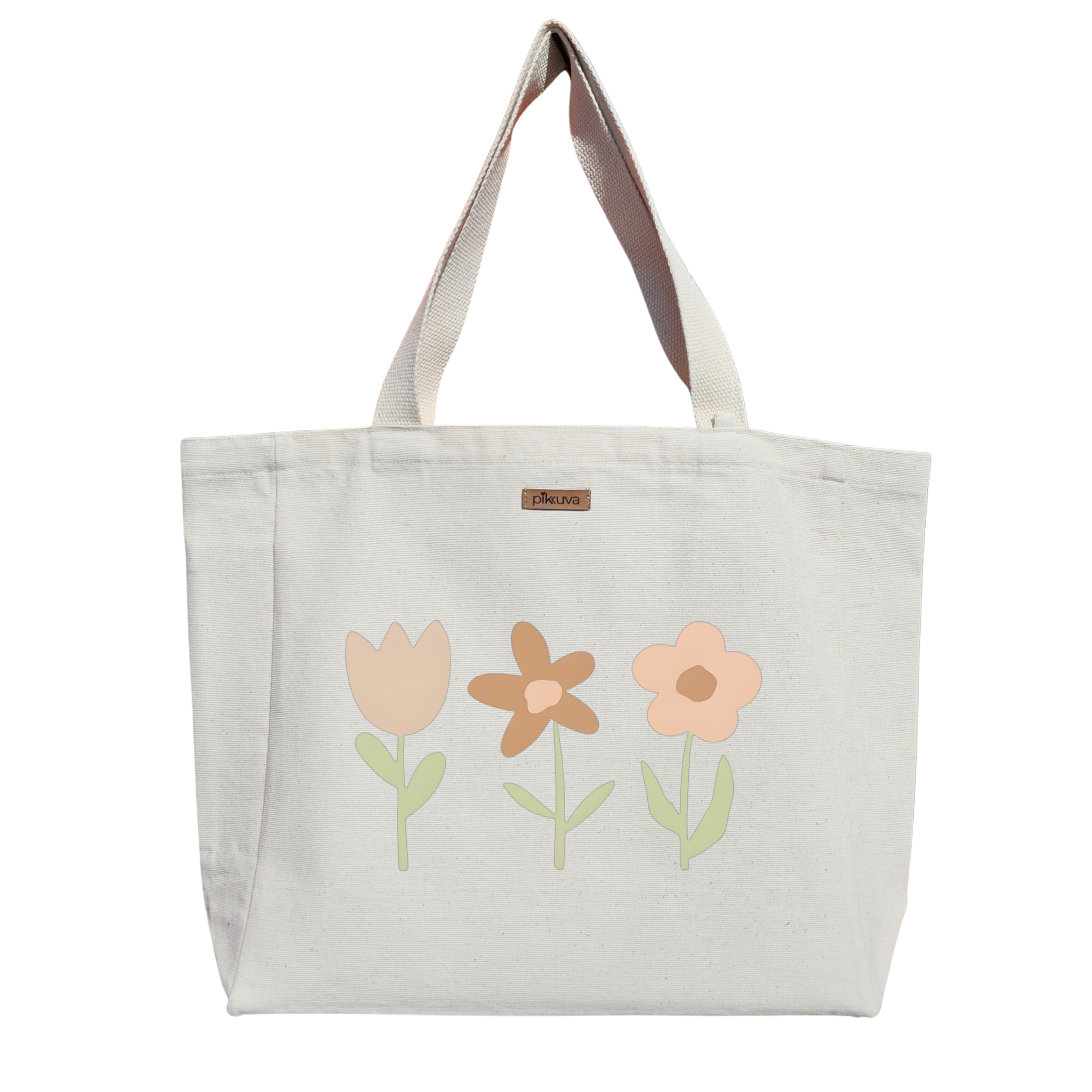 Natural Canvas Tote Bag, Natural Handle, White Velcro, Water Bottle Holder — 24x20