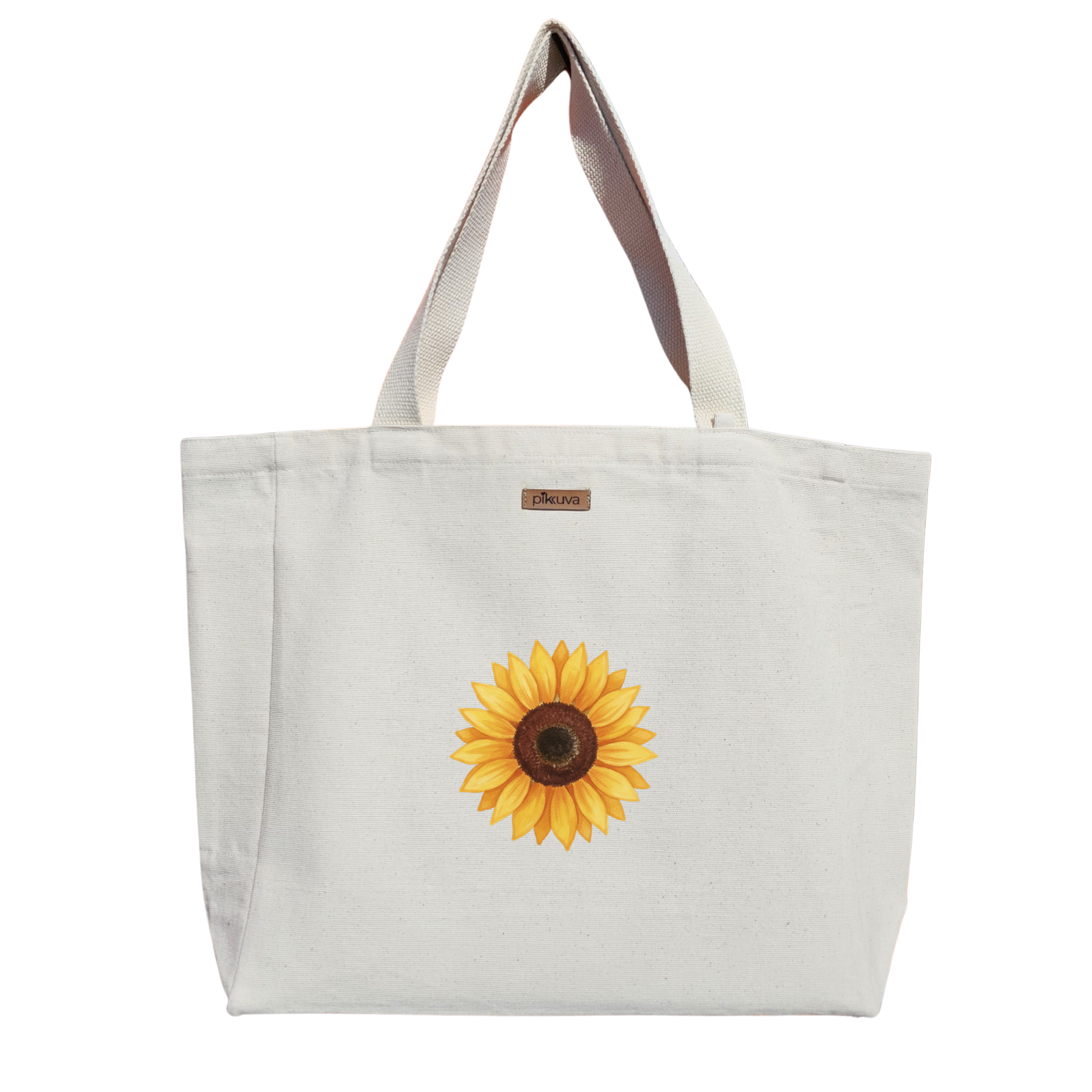 Günebakan Çiçeği Deseni Sunflower design Baskılı Naturel Kanvas Bez Çanta Sap Beyaz Cırt Cırtlı Suluk Tutuculu — 12x20
