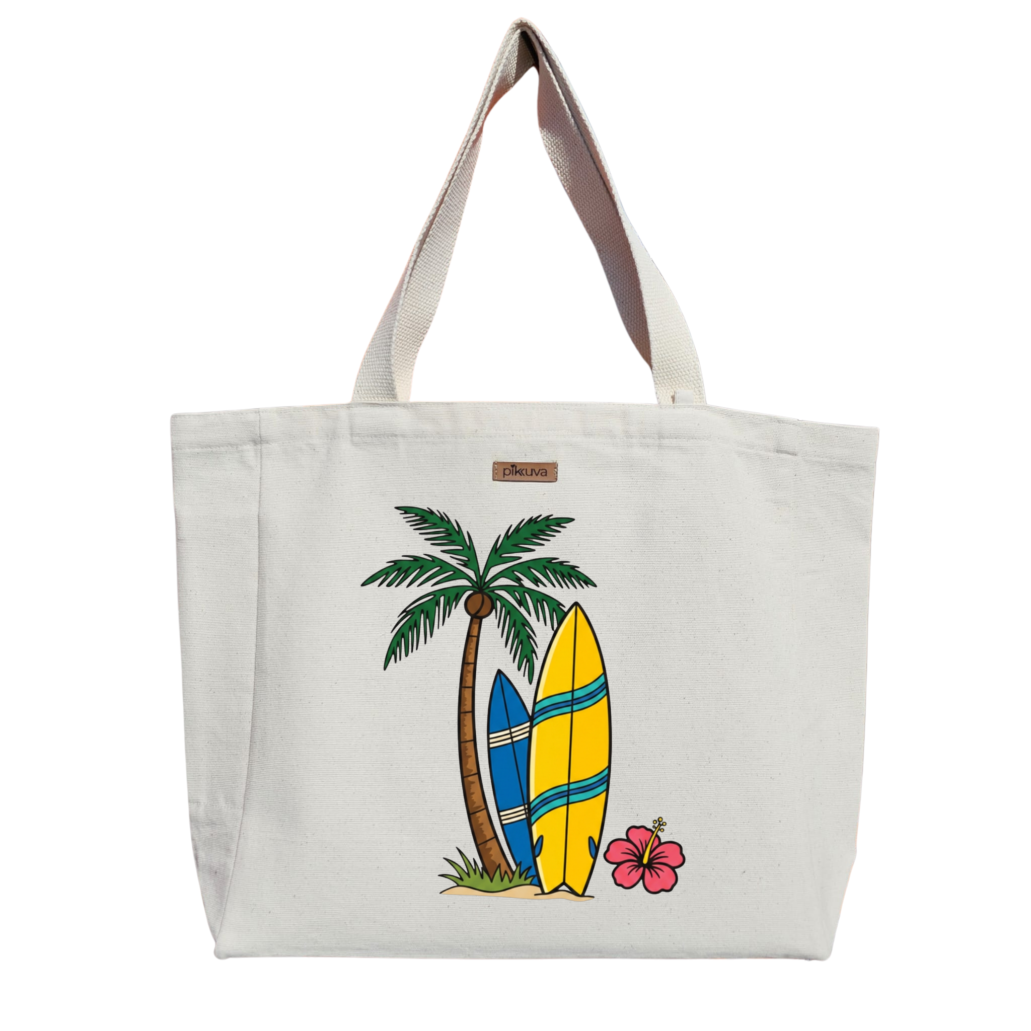 Tropikal Surf Keyfi Tropical Vibes Baskılıı Naturel Kanvas Bez Çanta Sap Beyaz Cırt Cırtlı Suluk Tutuculu — 20x24