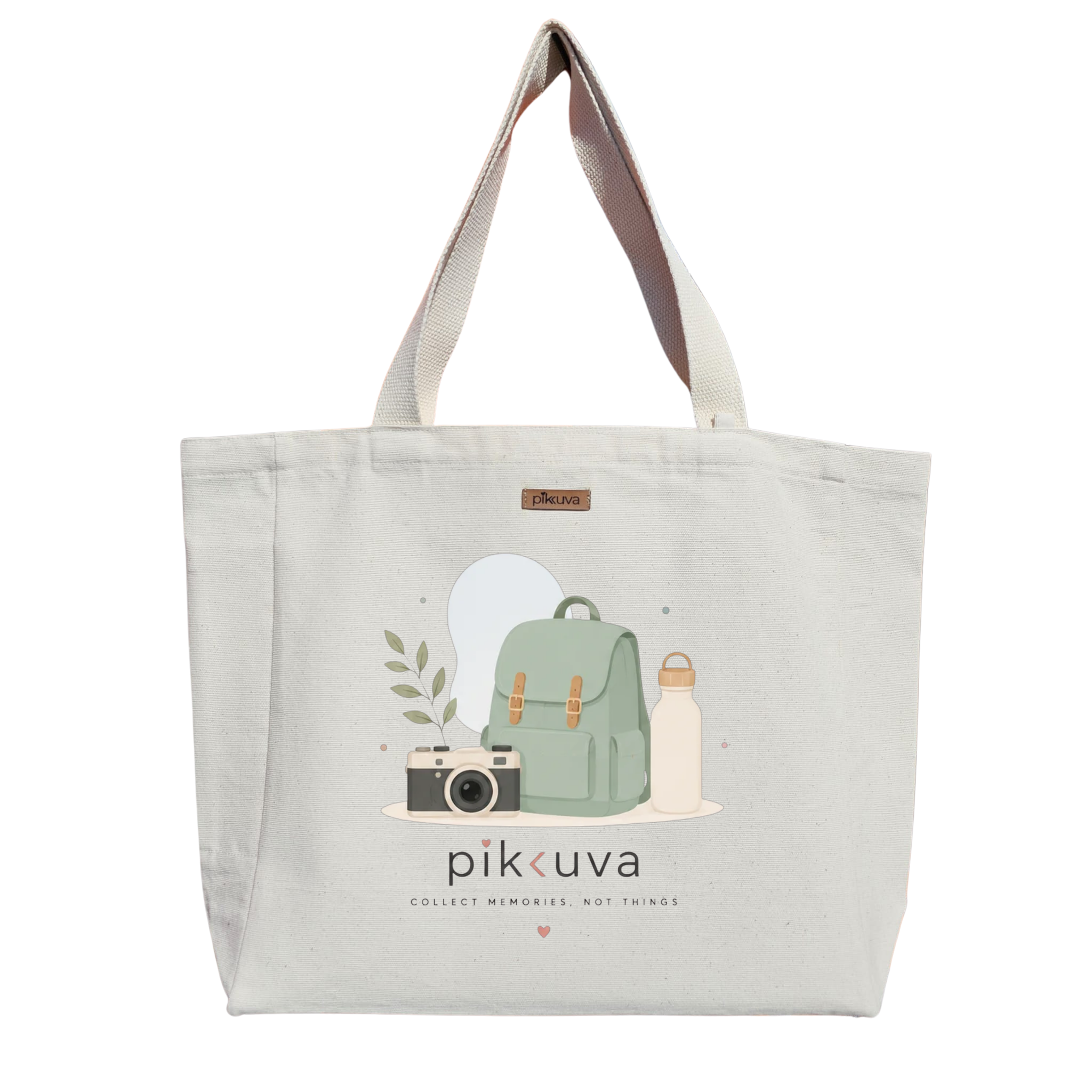 Natural Canvas Tote Bag, Natural Handle, White Velcro, Water Bottle Holder — 20x24