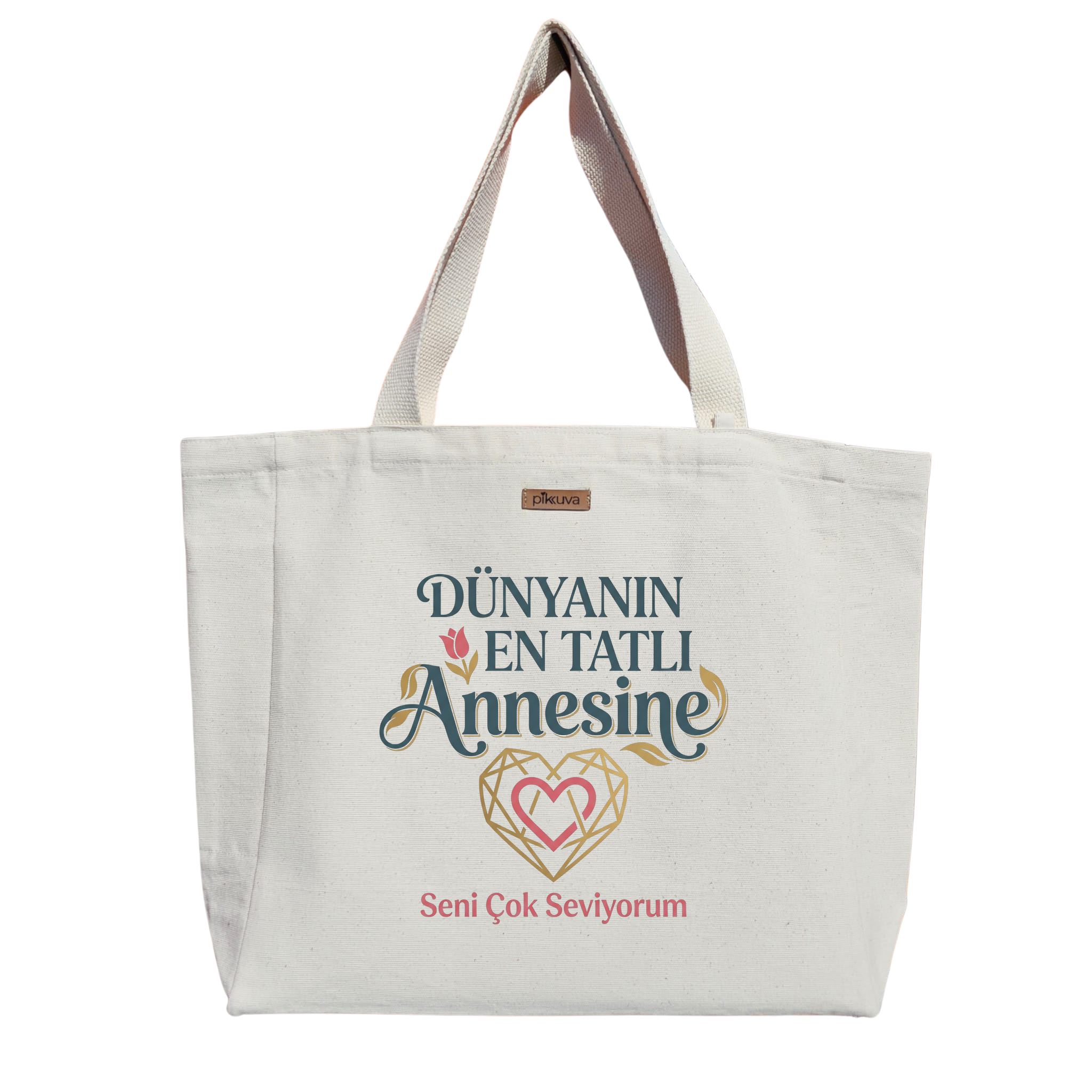 Natural Canvas Tote Bag, Natural Handle, White Velcro, Water Bottle Holder — 20x24
