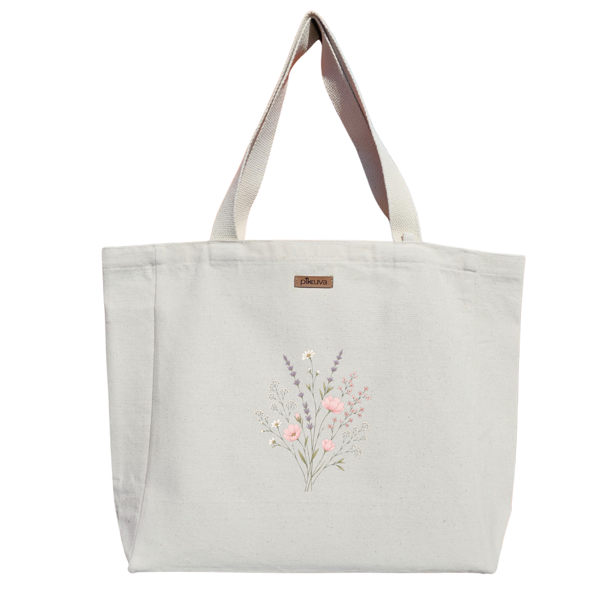 Natural Canvas Tote Bag, Natural Handle, White Velcro, Water Bottle Holder — 12x20