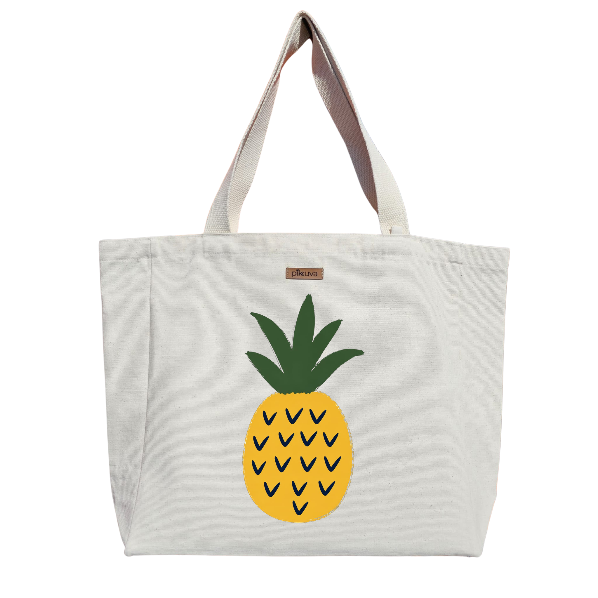 Tropikal Ananas Deseni Tropical Pineapple Design Baskılı Naturel Kanvas Bez Çanta Sap Beyaz Cırt Cırtlı Suluk Tutuculu — 20x24