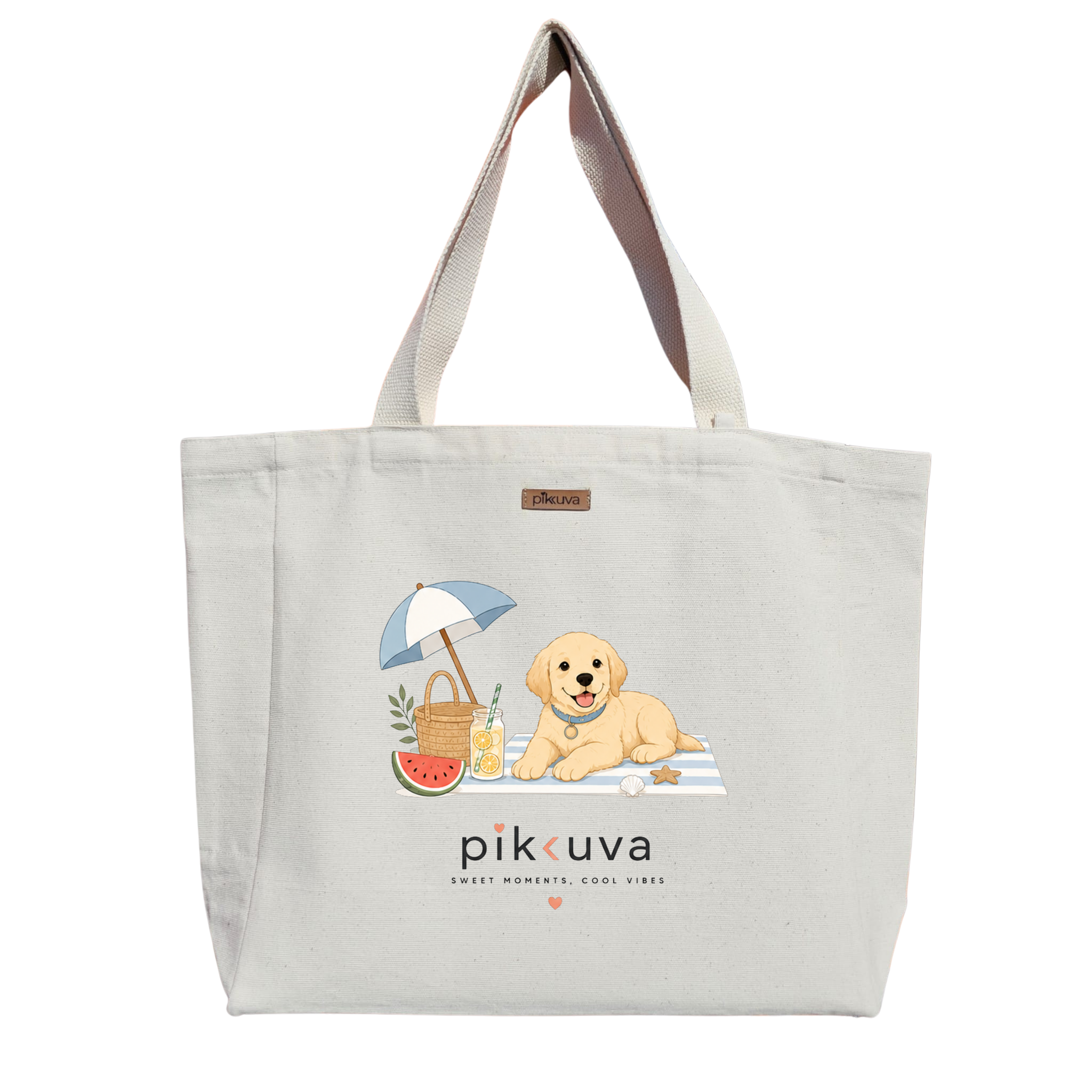 Yaz Güneşi ve Sevimli Yavru Köpek sweet moments Baskılıı Naturel Kanvas Bez Çanta Sap Beyaz Cırt Cırtlı Suluk Tutuculu — 20x24