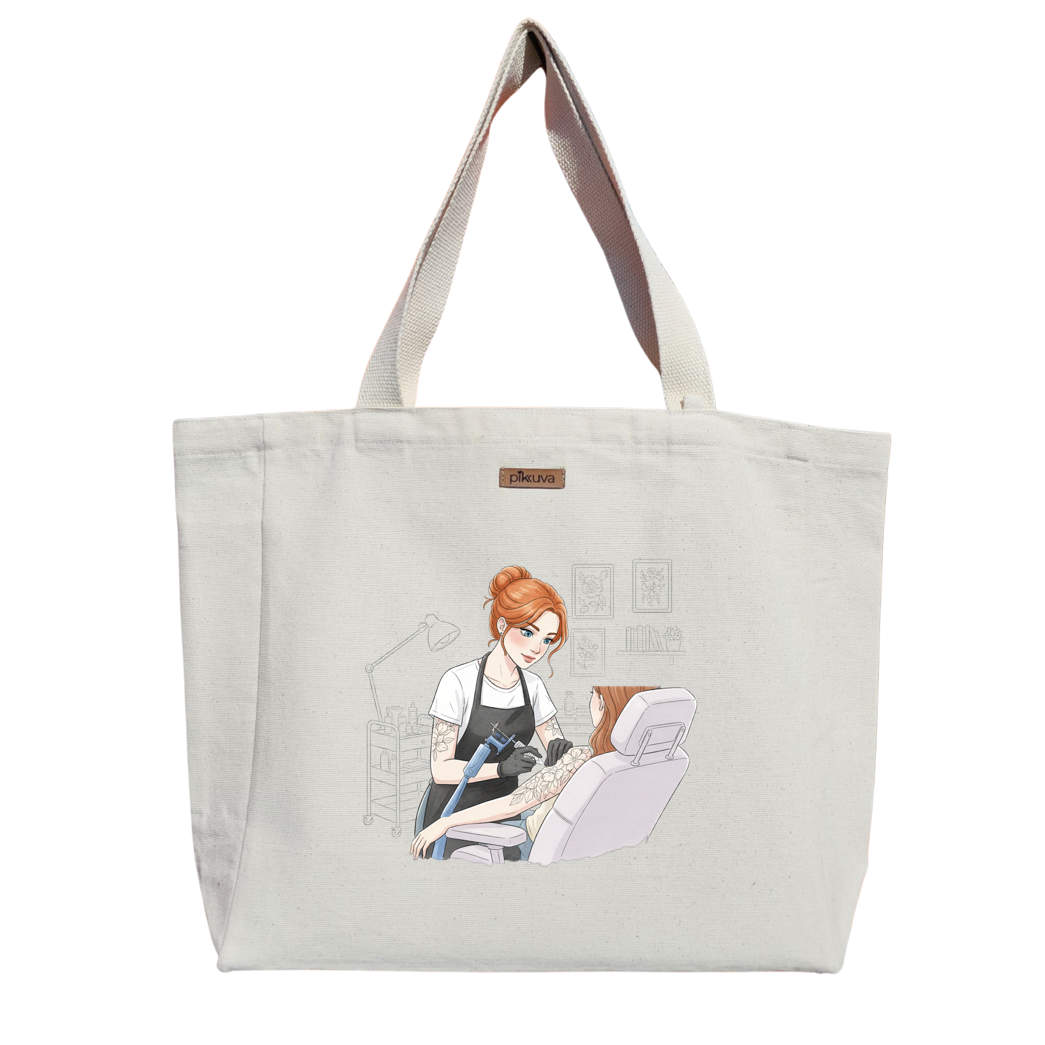 Natural Canvas Tote Bag, Natural Handle, White Velcro, Water Bottle Holder — 20x24