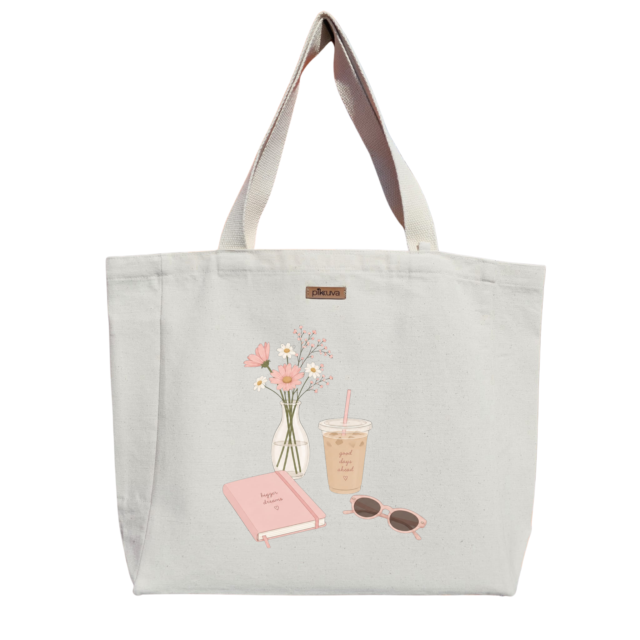 Pembe Rüyalar Çiçekler ve İçecekler good days ahead Baskılı Naturel Kanvas Bez Çanta Sap Beyaz Cırt Cırtlı Suluk Tutuculu — 20x24