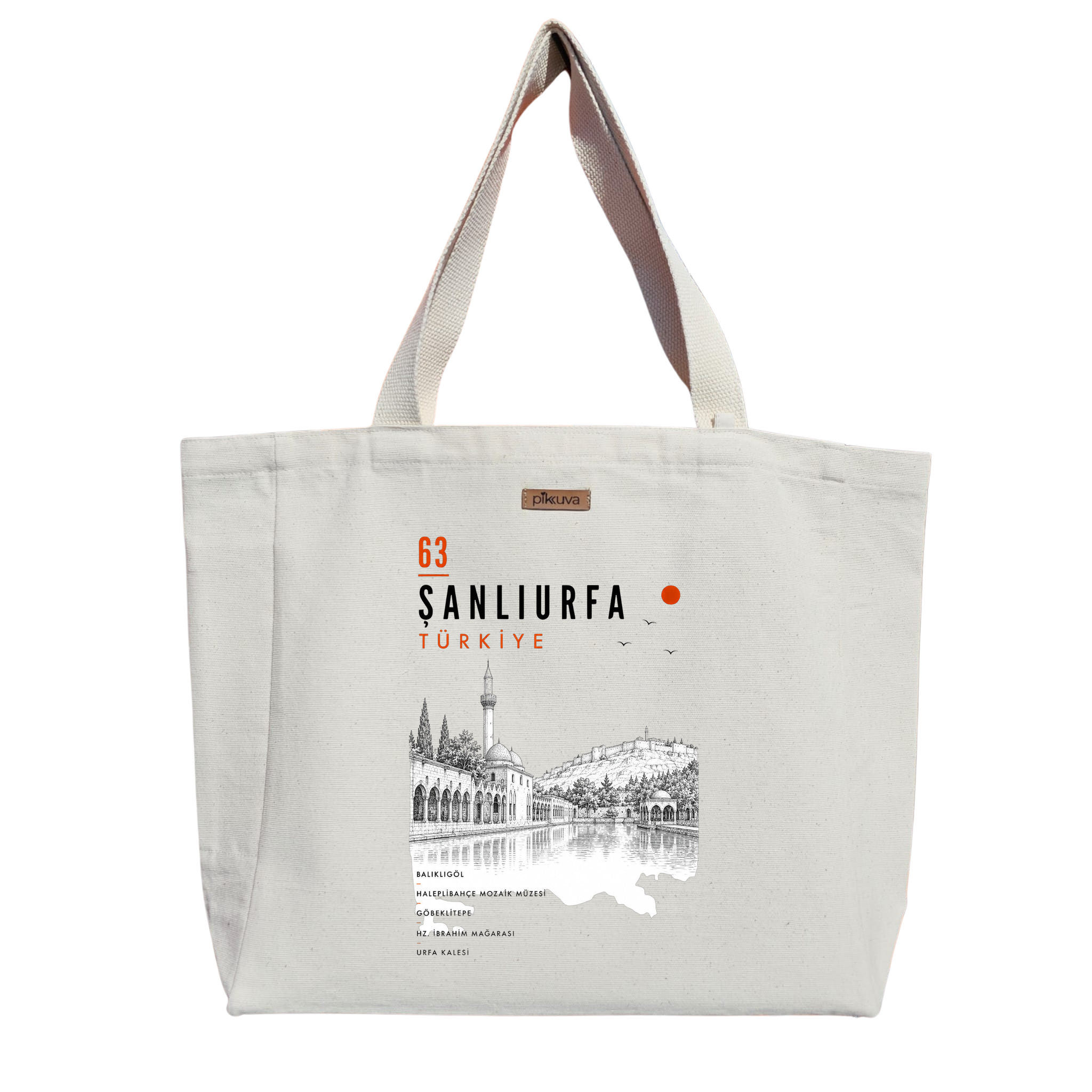 Natural Canvas Tote Bag, Natural Handle, White Velcro, Water Bottle Holder — 20x24