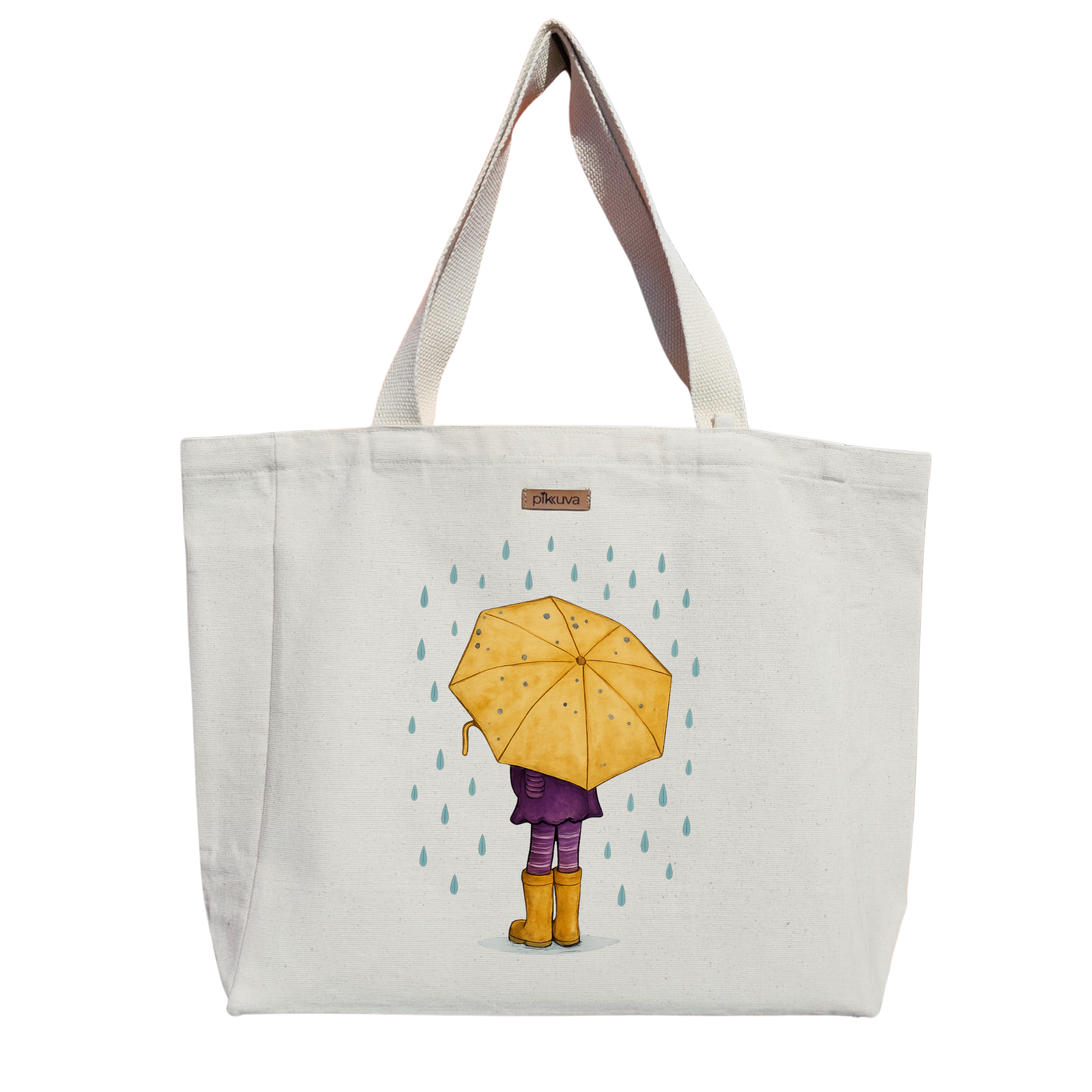 Natural Canvas Tote Bag, Natural Handle, White Velcro, Water Bottle Holder — 20x24