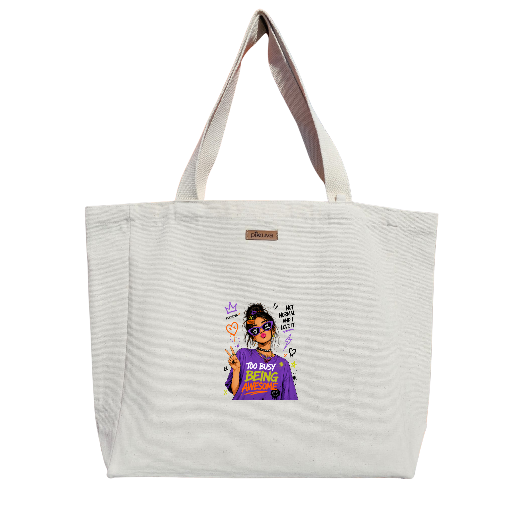 Natural Canvas Tote Bag, Natural Handle, White Velcro, Water Bottle Holder