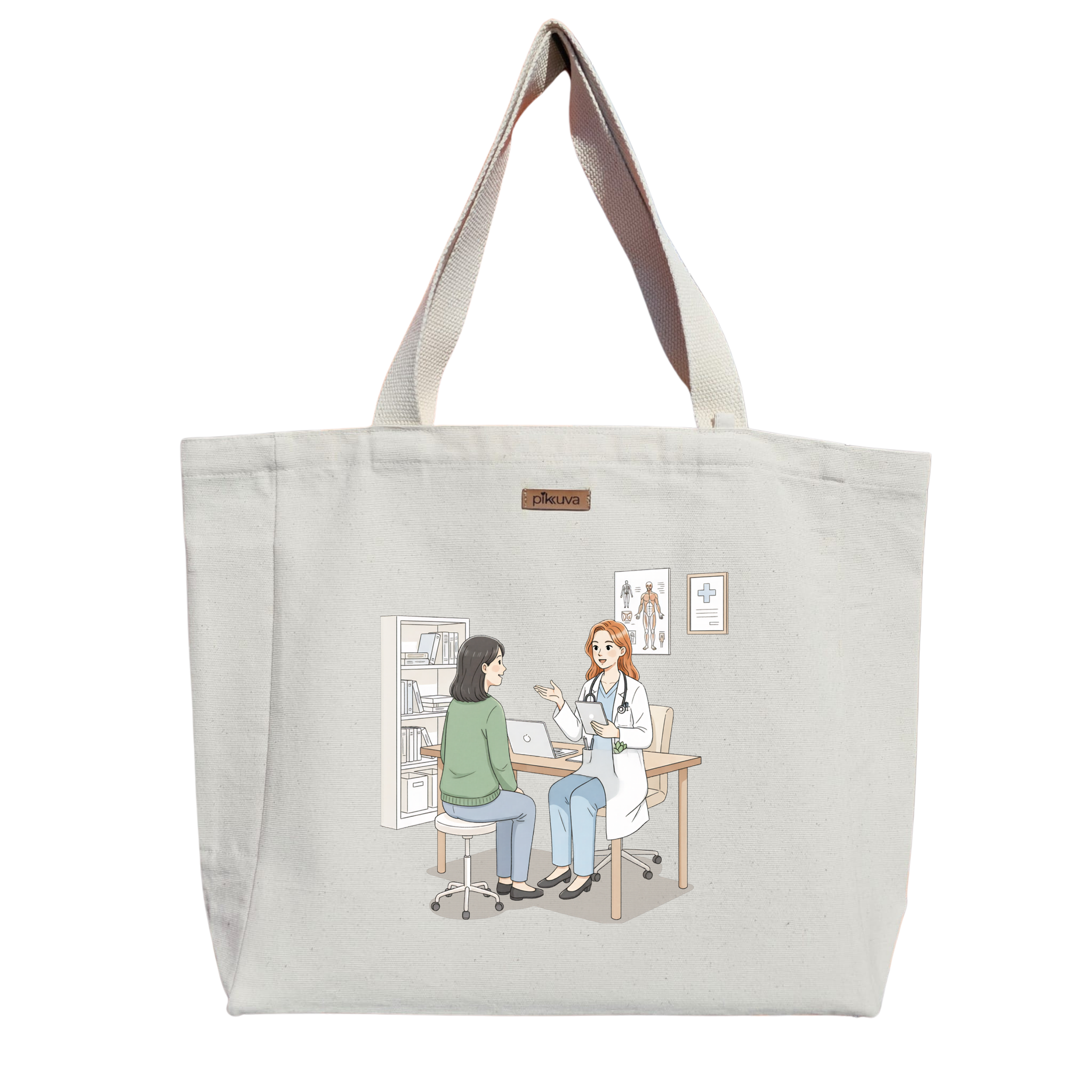 Natural Canvas Tote Bag, Natural Handle, White Velcro, Water Bottle Holder — 20x24