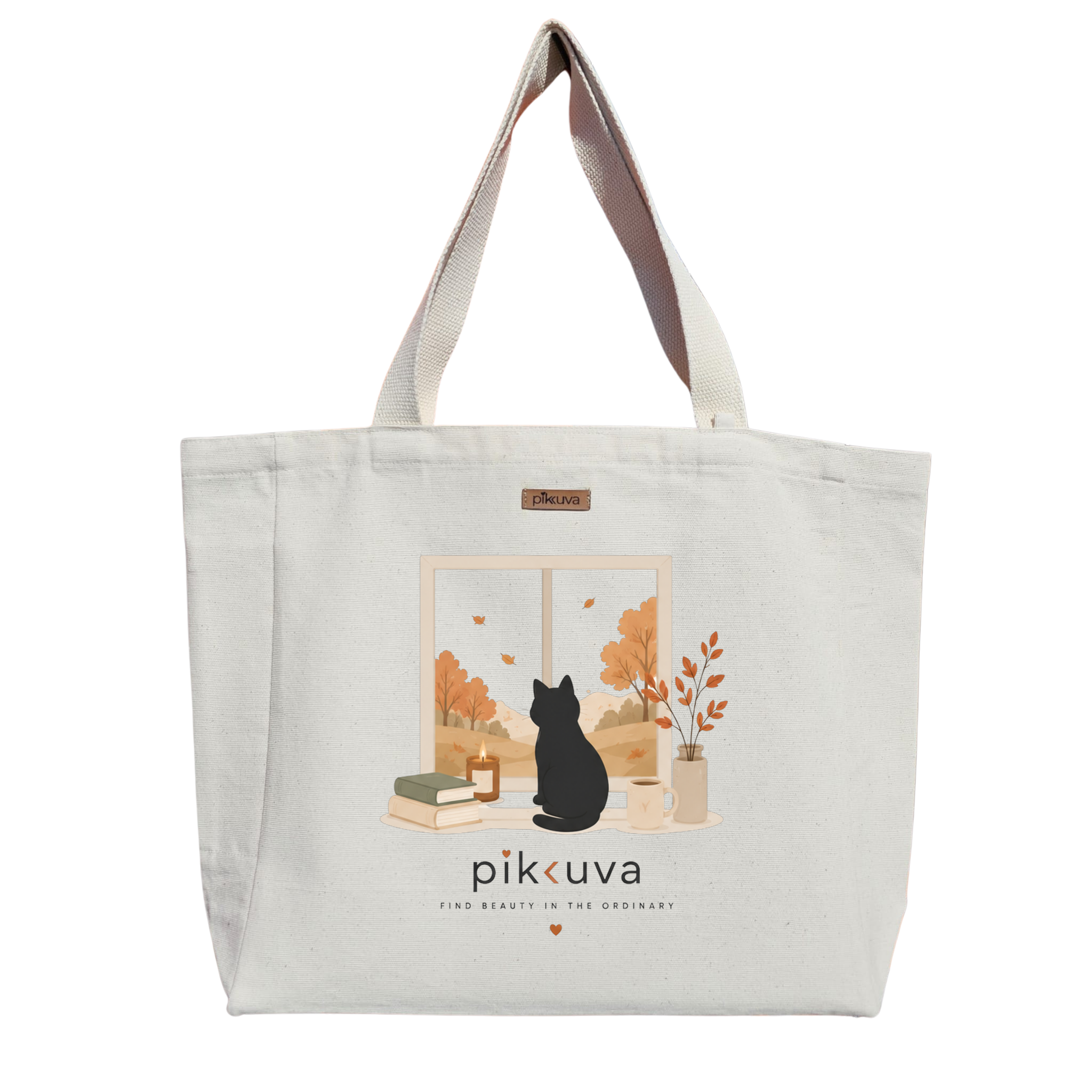 Natural Canvas Tote Bag, Natural Handle, White Velcro, Water Bottle Holder — 20x24