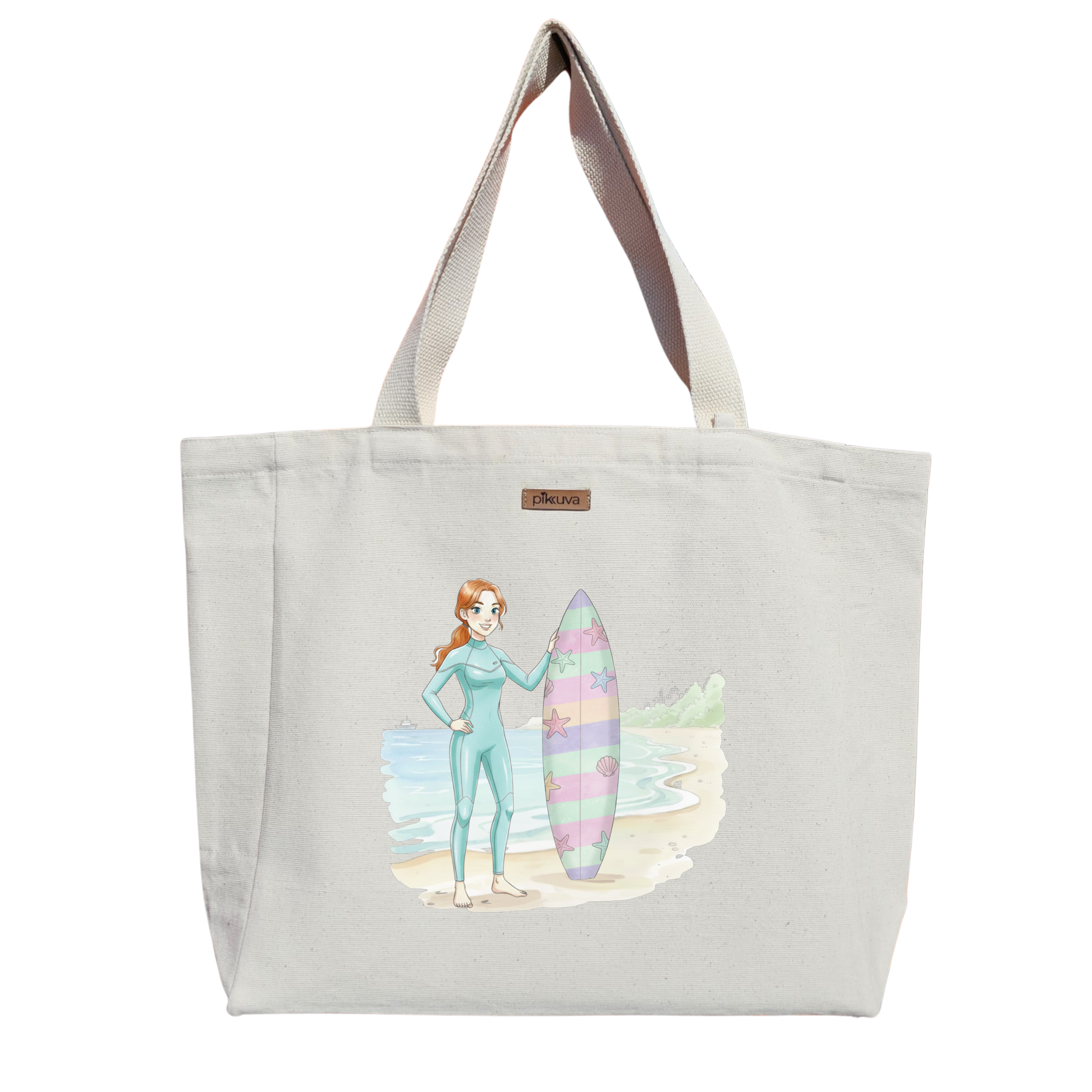 Natural Canvas Tote Bag, Natural Handle, White Velcro, Water Bottle Holder — 20x24