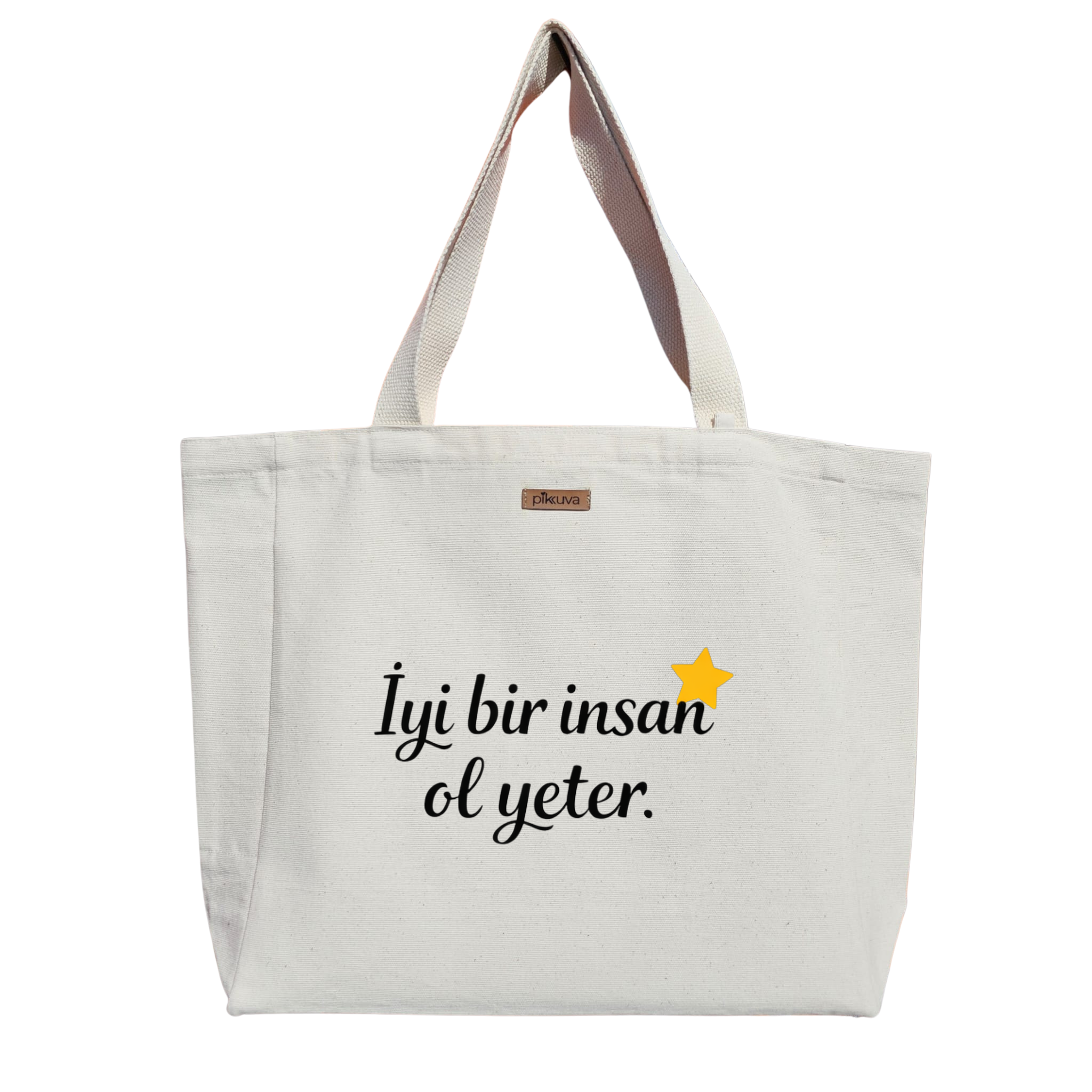 Natural Canvas Tote Bag, Natural Handle, White Velcro, Water Bottle Holder