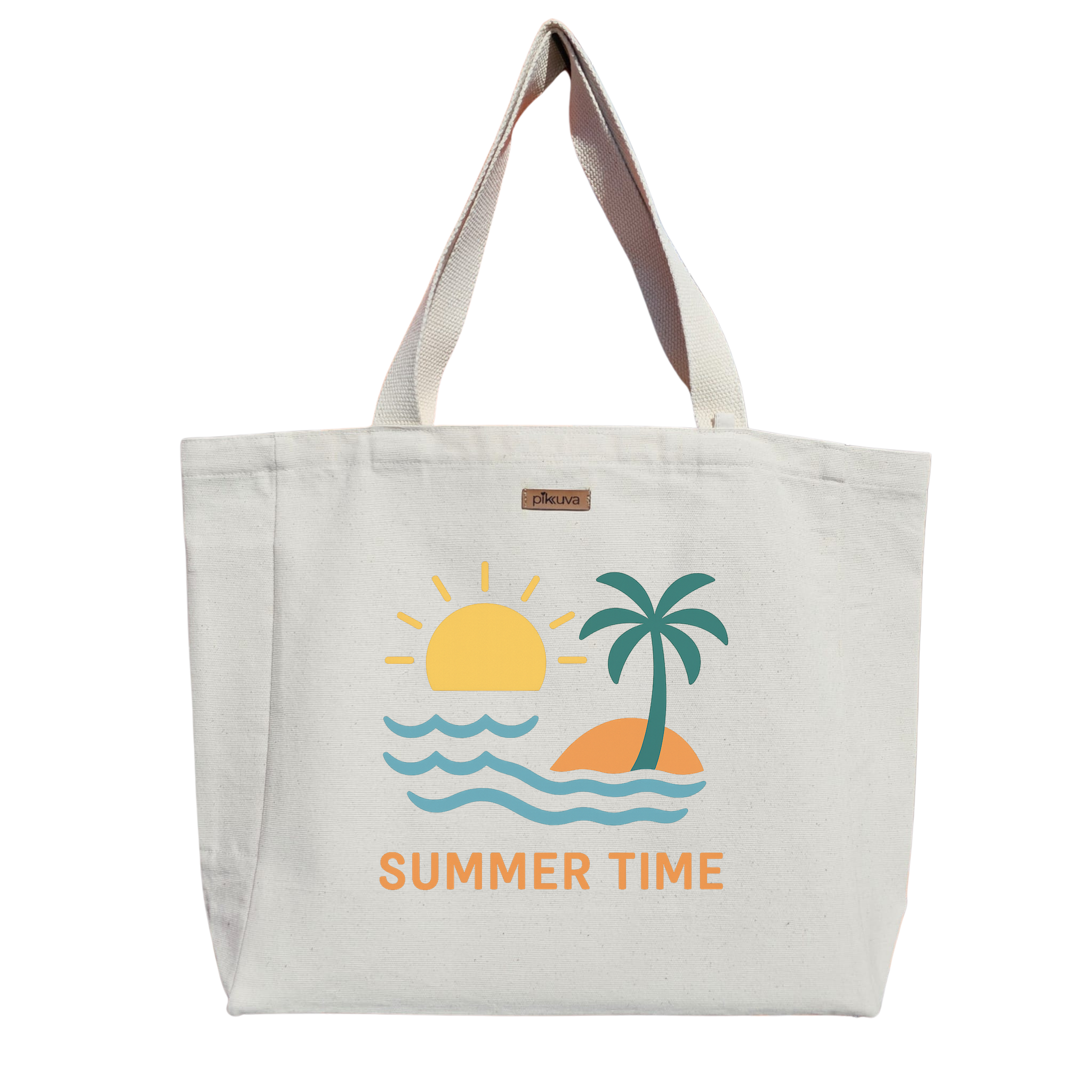 Natural Canvas Tote Bag, Natural Handle, White Velcro, Water Bottle Holder — 20x24
