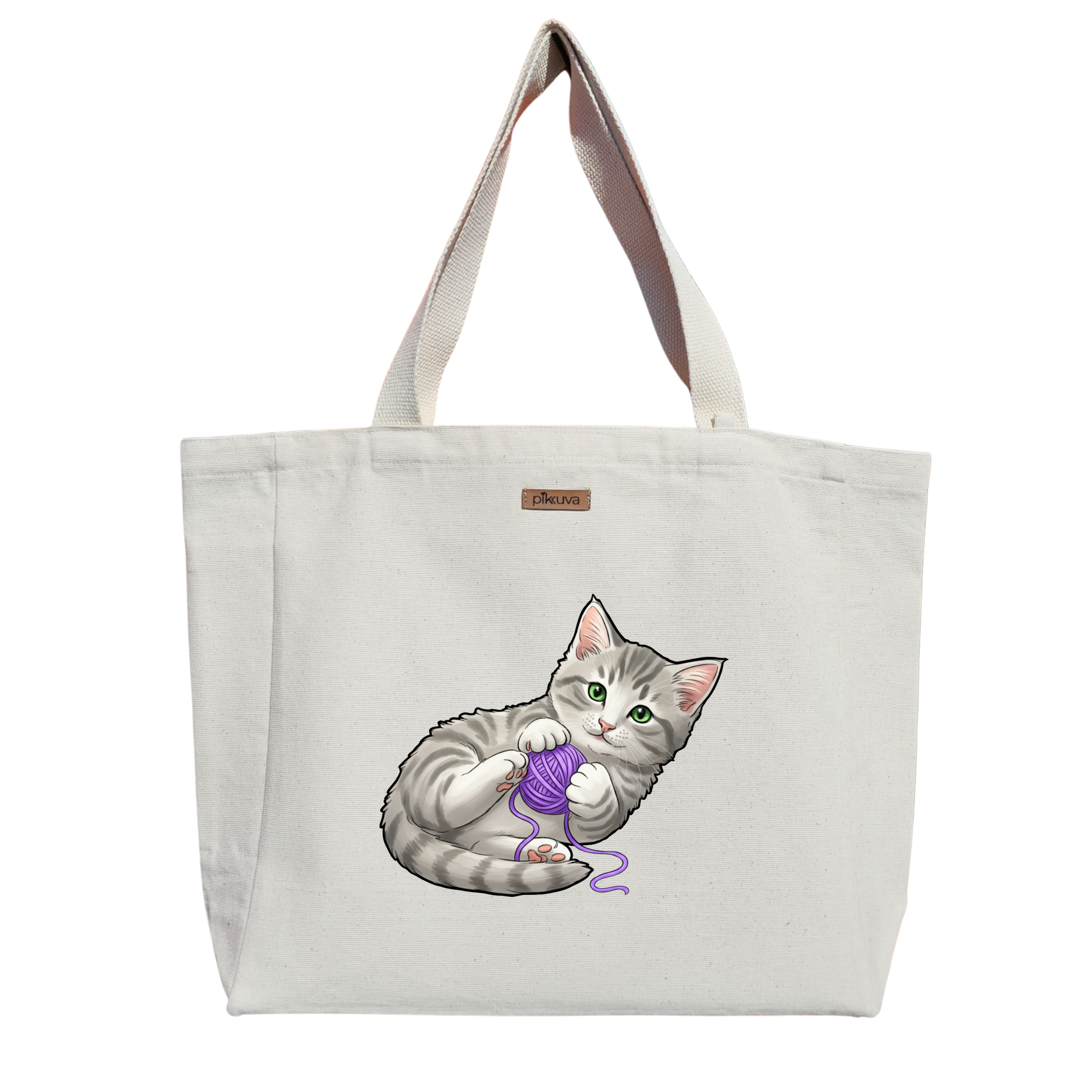Yeşil Gözlü Yaramaz Kedi Green eyed mischievous cat Baskılı Naturel Kanvas Bez Çanta Sap Beyaz Cırt Cırtlı Suluk Tutuculu — 20x24