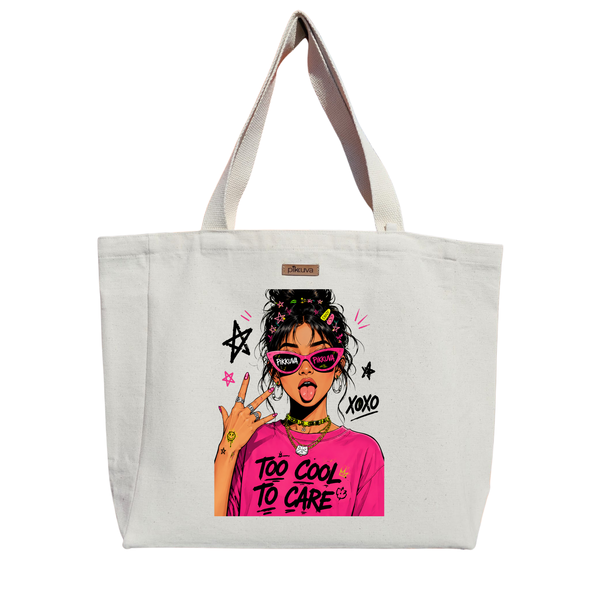 Natural Canvas Tote Bag, Natural Handle, White Velcro, Water Bottle Holder — 20x24
