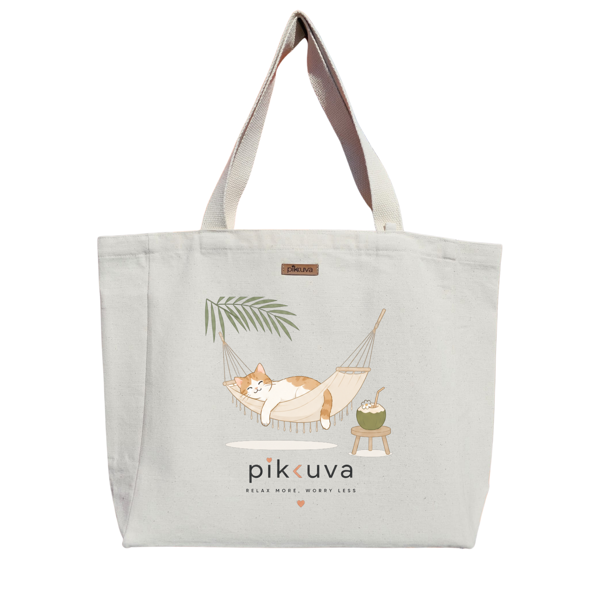 Natural Canvas Tote Bag, Natural Handle, White Velcro, Water Bottle Holder — 20x24