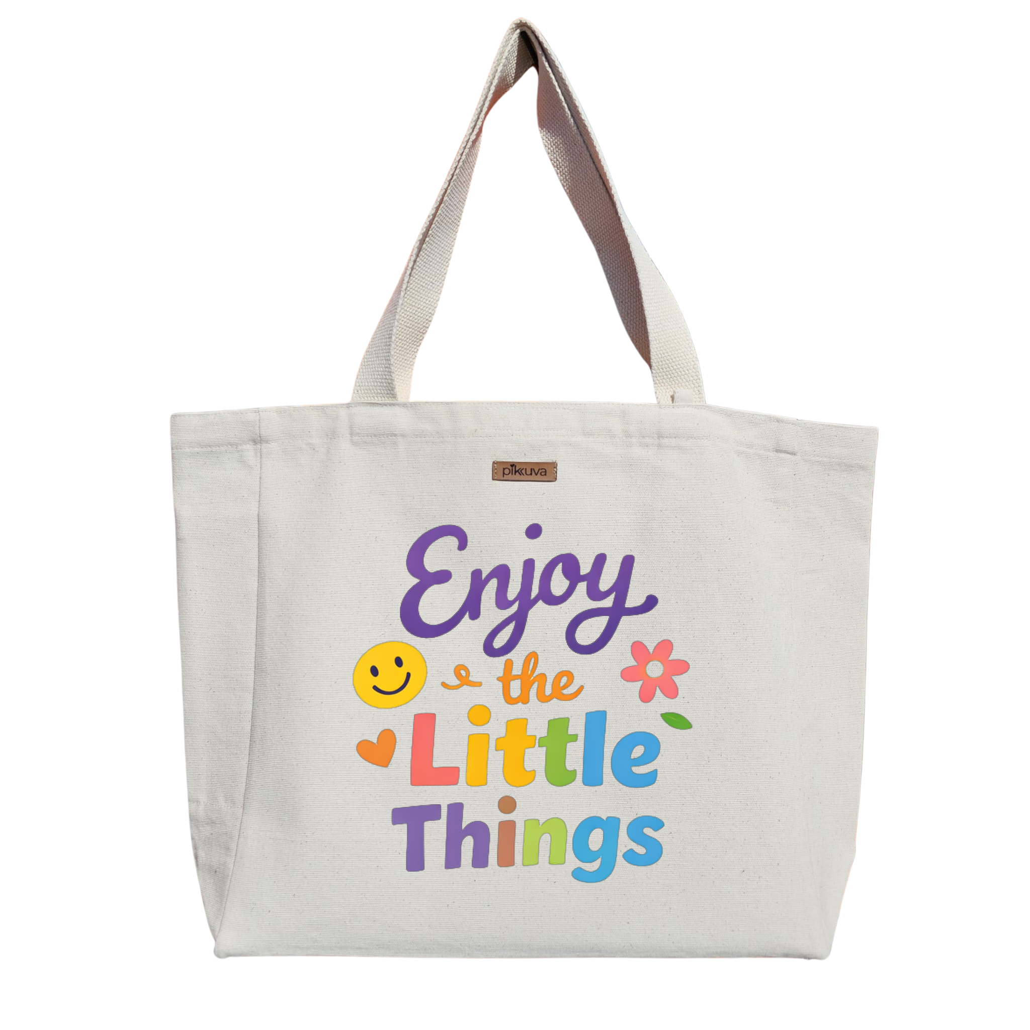 Natural Canvas Tote Bag, Natural Handle, White Velcro, Water Bottle Holder — 20x24