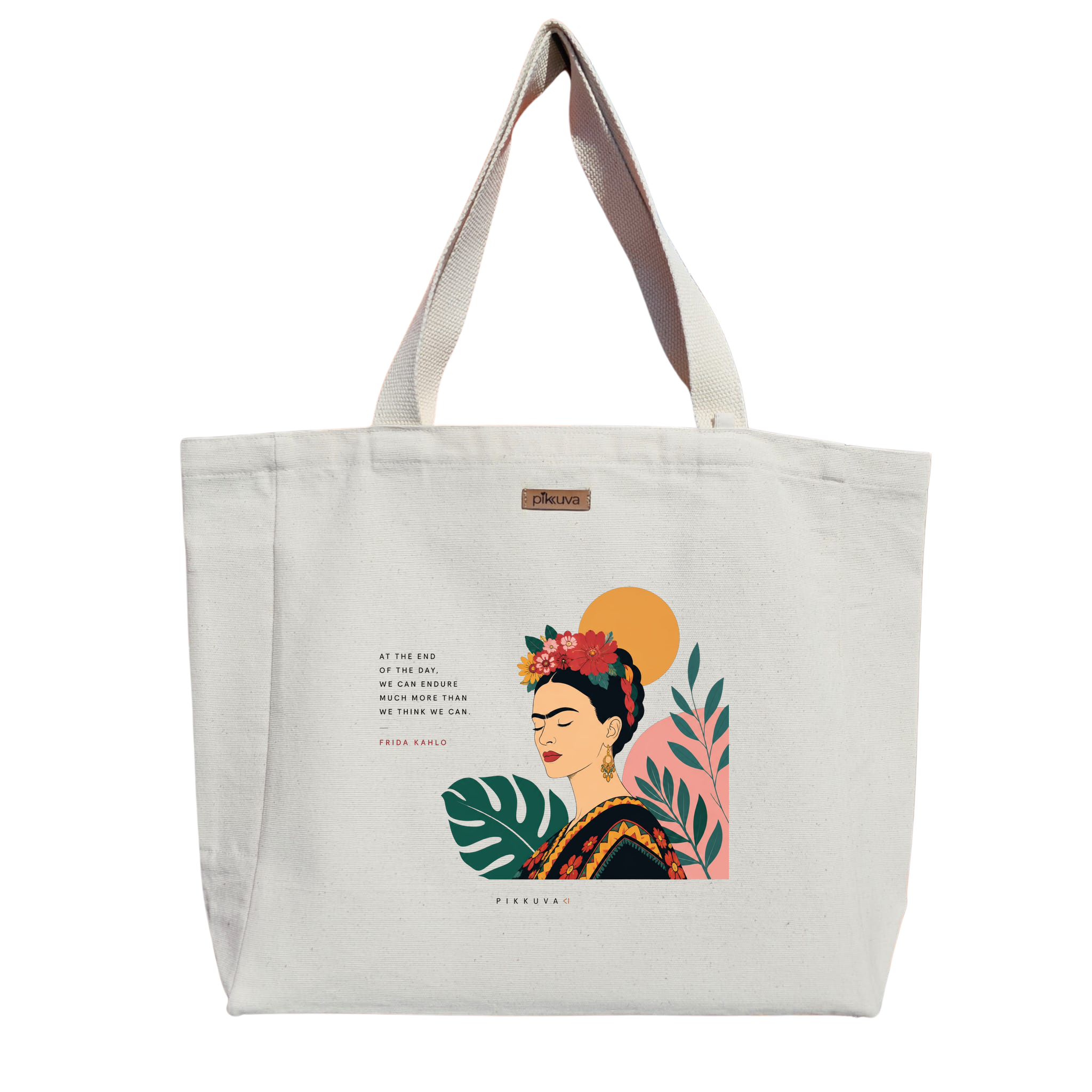 Natural Canvas Tote Bag, Natural Handle, White Velcro, Water Bottle Holder — 20x24