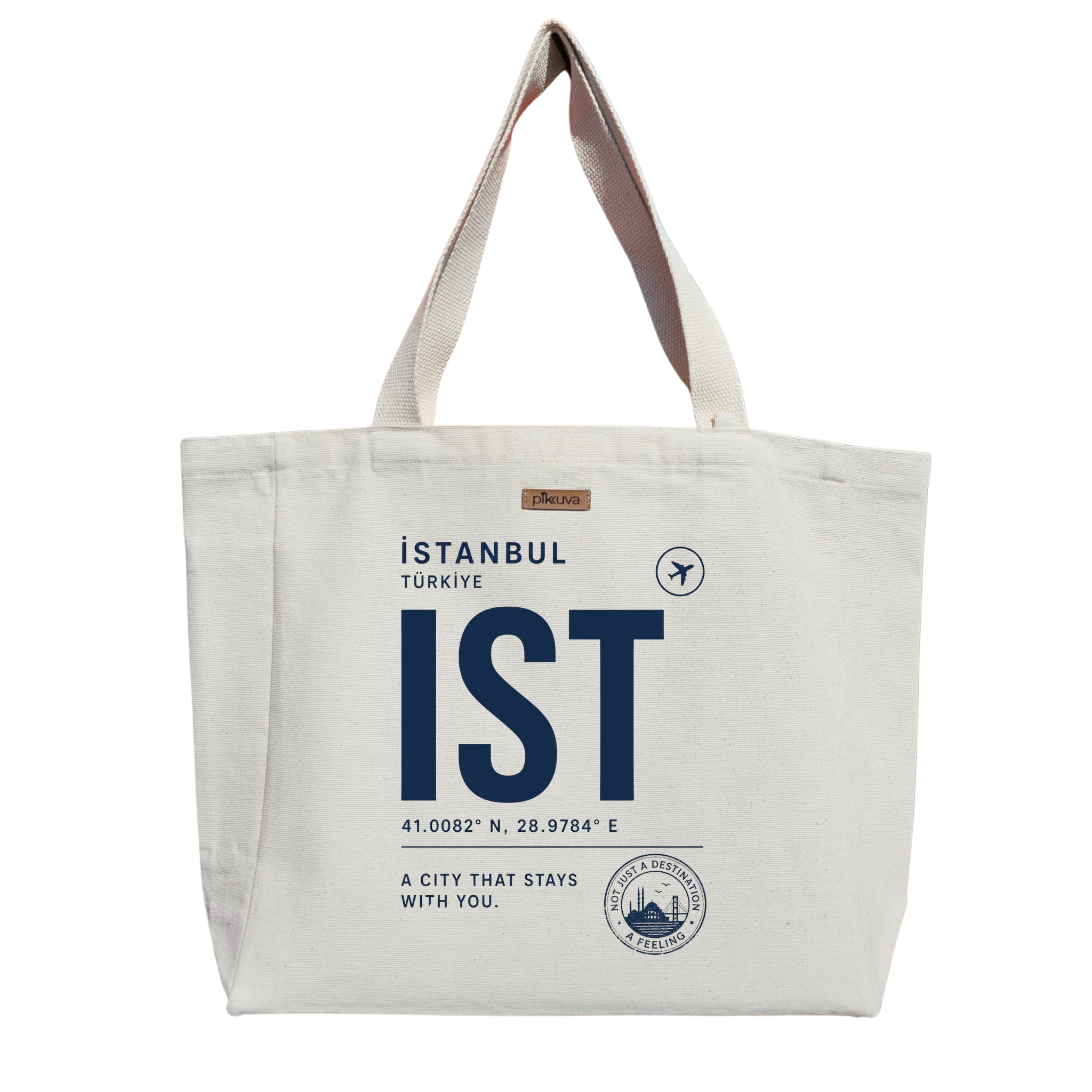 İstanbul Seyahat Etiketi Tasarımı Baskılıı Naturel Kanvas Bez Çanta Sap Beyaz Cırt Cırtlı Suluk Tutuculu