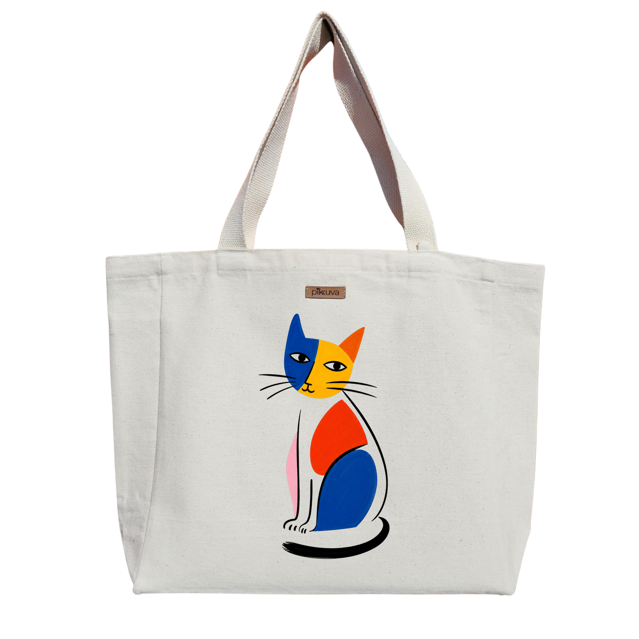 Natural Canvas Tote Bag, Natural Handle, White Velcro, Water Bottle Holder — 20x24
