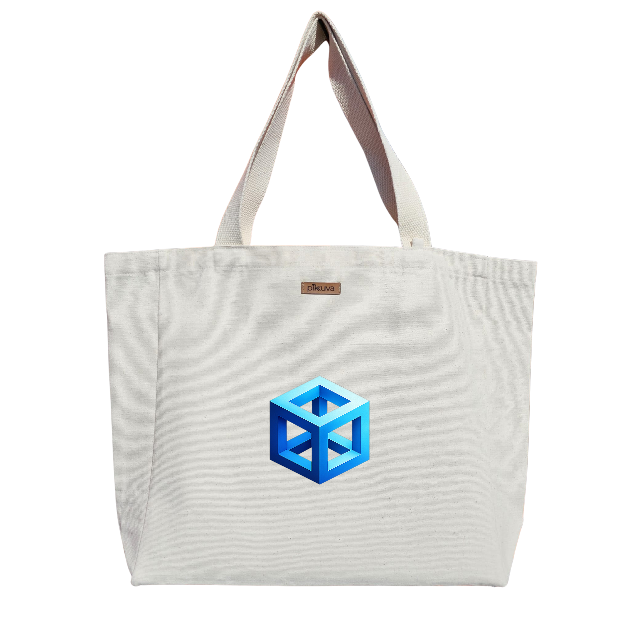 Mavi Geometrik Küp Tasarımı Blue geometric cube design Baskılı Naturel Kanvas Bez Çanta Sap Beyaz Cırt Cırtlı Suluk Tutuculu