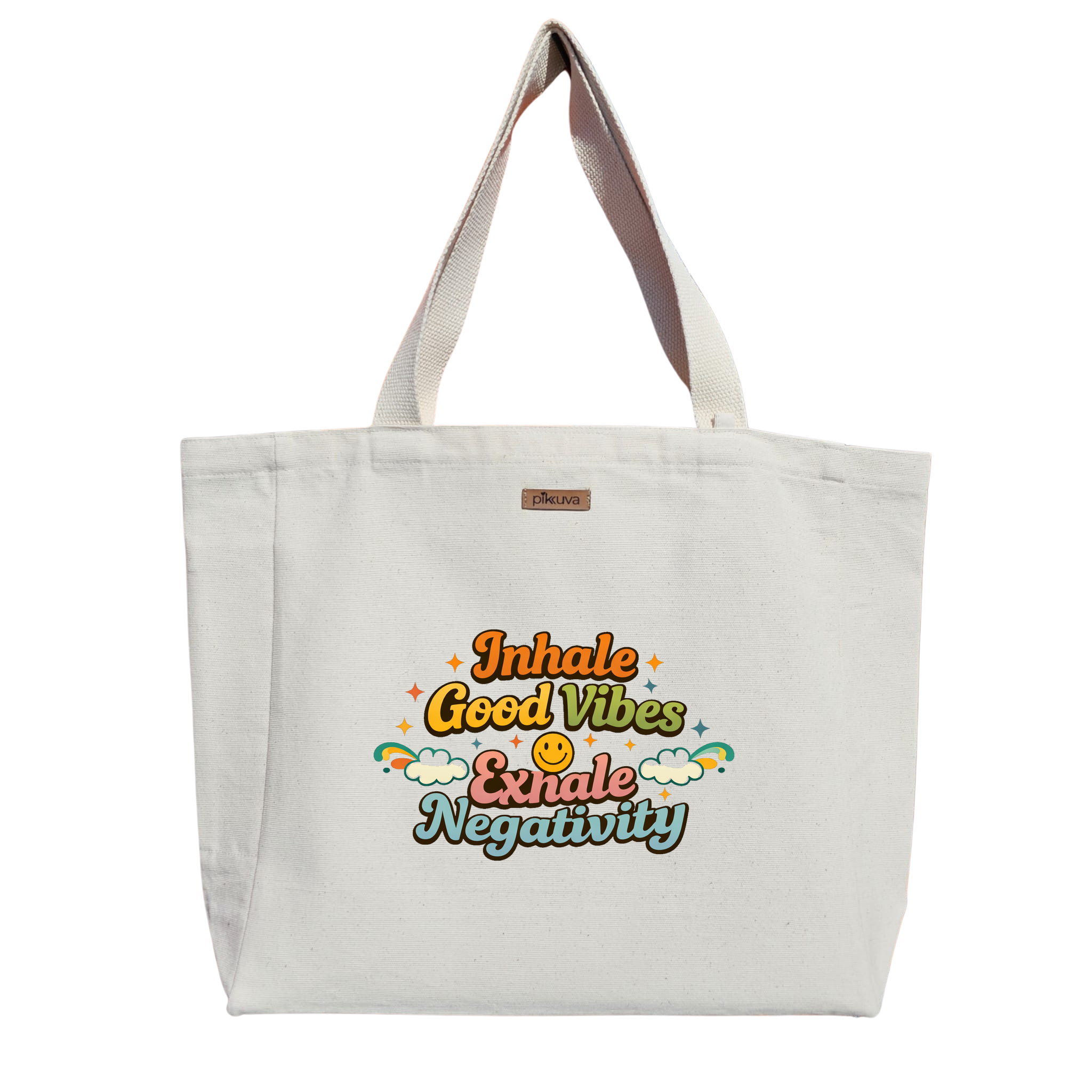 Natural Canvas Tote Bag, Natural Handle, White Velcro, Water Bottle Holder — 20x24