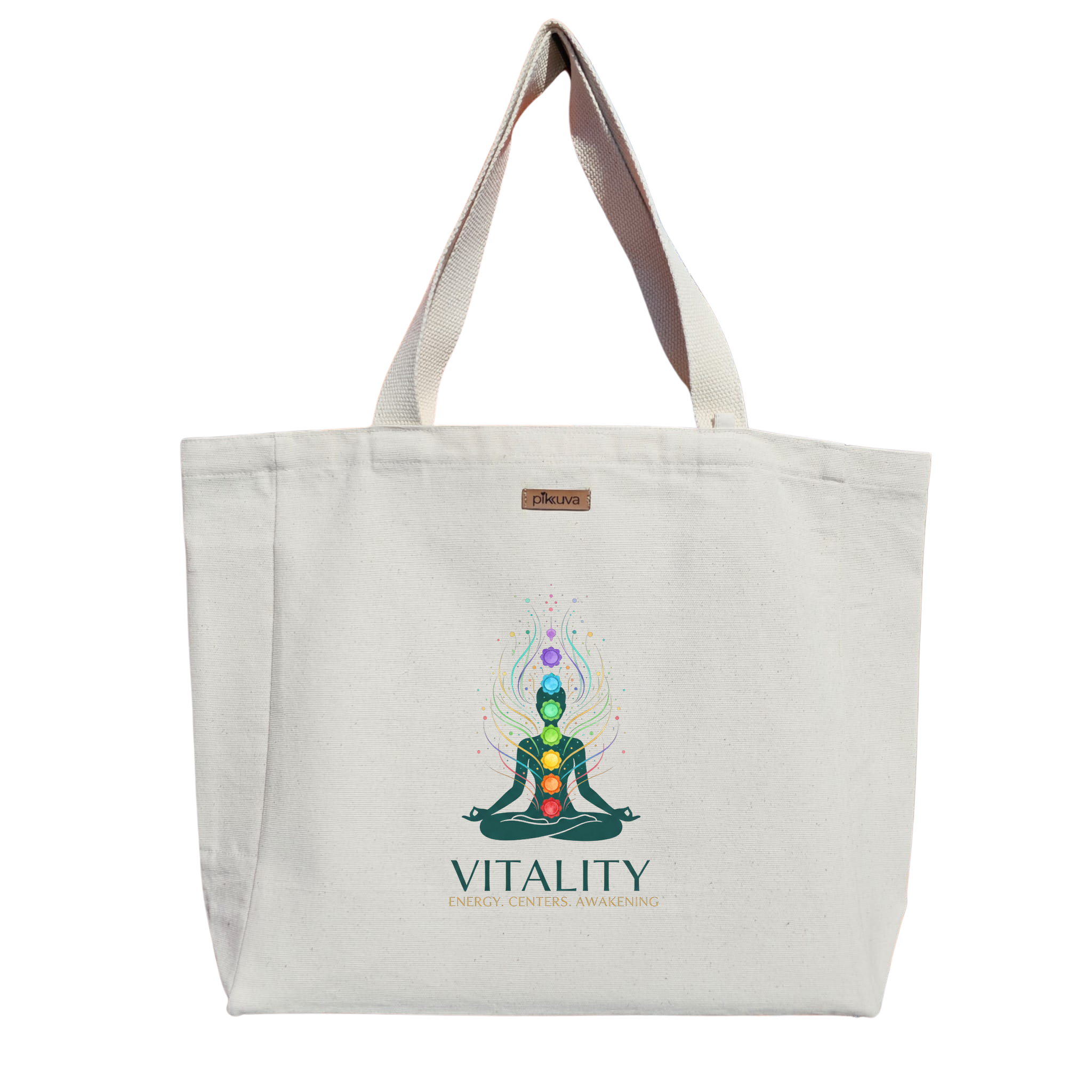 Natural Canvas Tote Bag, Natural Handle, White Velcro, Water Bottle Holder — 12x20