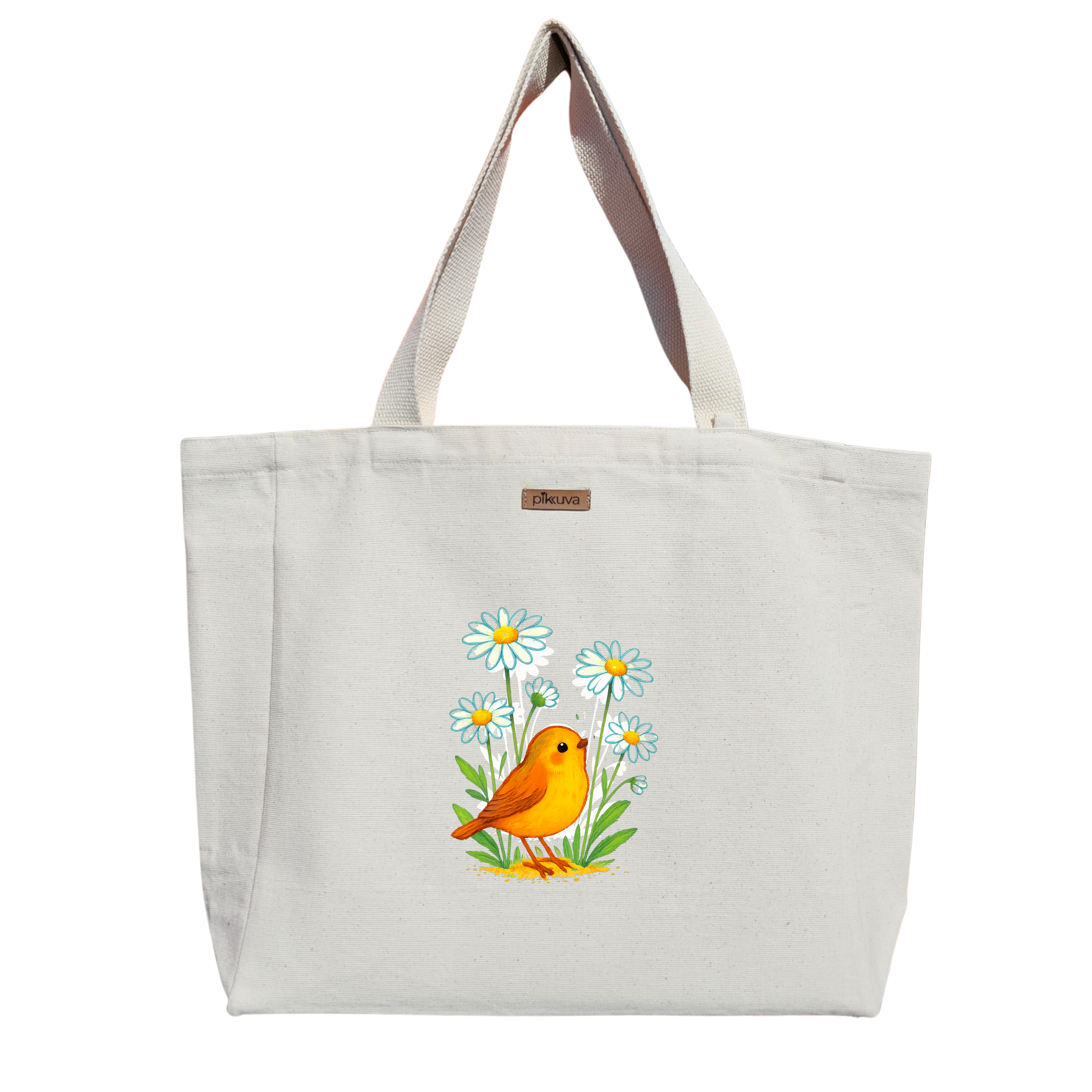 Çiçekler Arasındaki Neşeli Kuş Happy bird among flowers Baskılı Naturel Kanvas Bez Çanta Sap Beyaz Cırt Cırtlı Suluk Tutuculu — 12x20