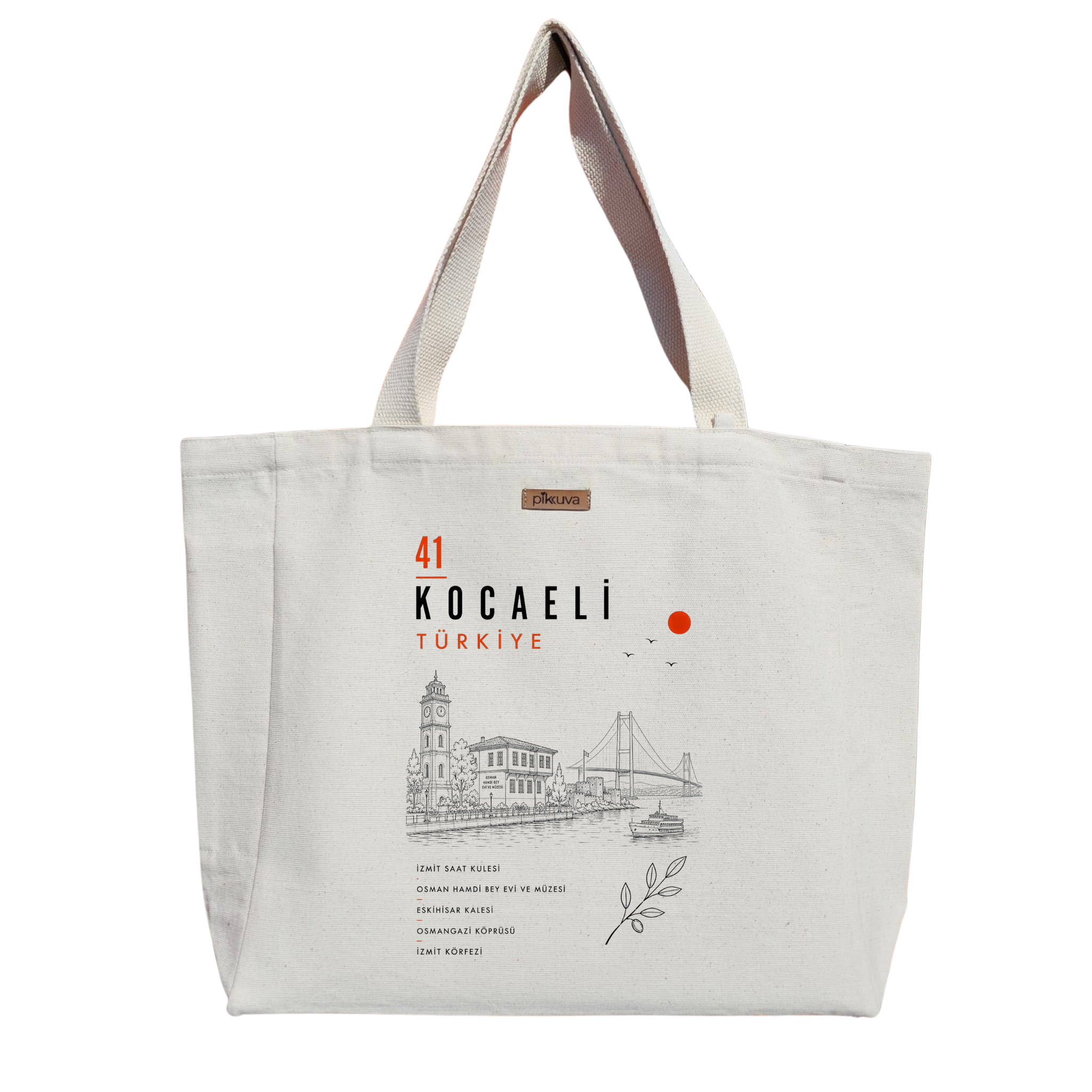 Natural Canvas Tote Bag, Natural Handle, White Velcro, Water Bottle Holder — 20x24